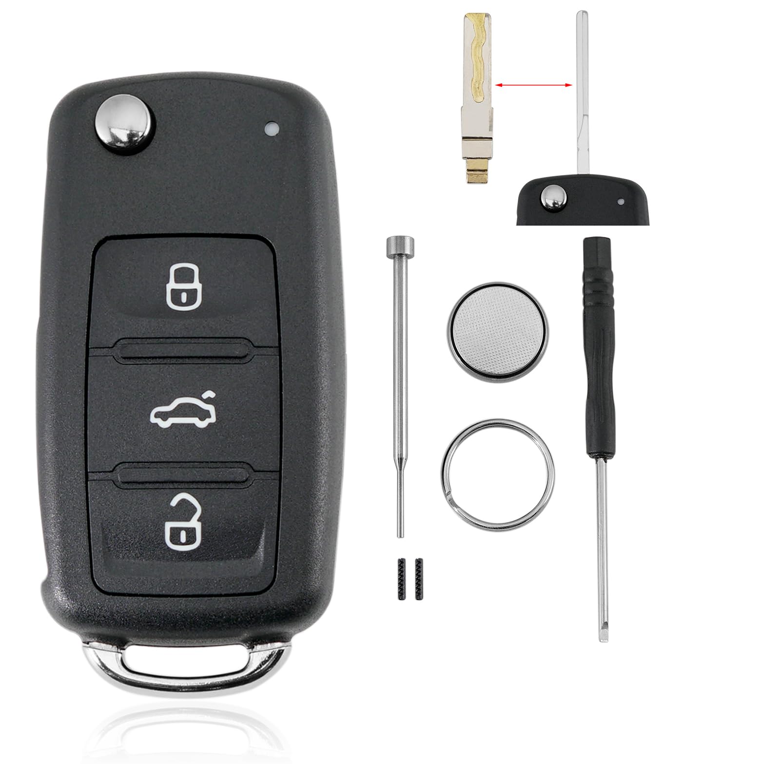 Für VW Golf MK6 Polo Beetle Caddy Transporter EOS Sharan Tiguan Touran Scirocco 3 Tasten Autoschlüssel Gehäuse mit Batterie CR2032 und Pin-Entfernungswerkzeug Schraubendreher Schlüsselring Für VW Golf MK6 Polo Beetle Caddy Transporter EOS Sharan Tiguan Touran Scirocco 3 Tasten Autoschlüssel Gehäuse mit Batterie CR2032 und Pin-Entfernungswerkzeug Schraubendreher Schlüsselring von GLOUVDEYZ