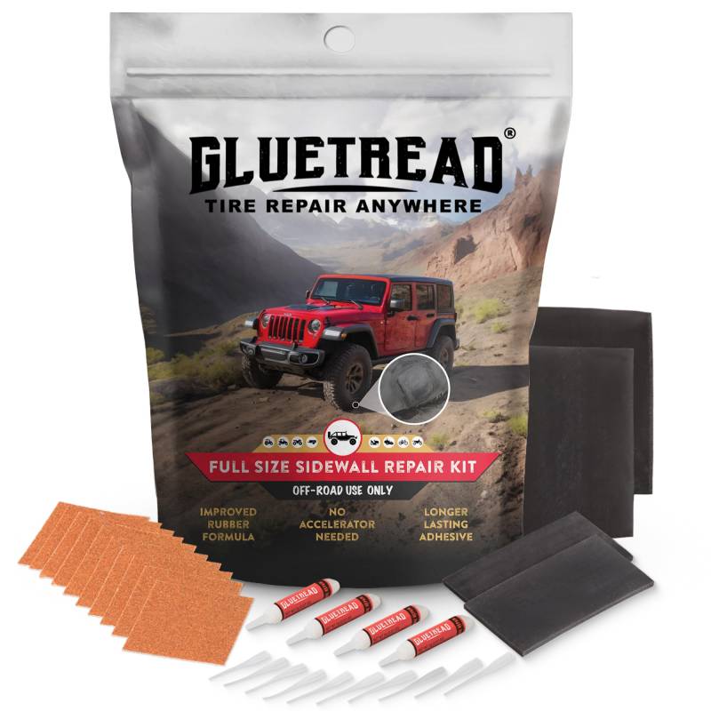 GlueTread Seitenwand-Reifenreparatur-Set, Seitenwand-Reifenflicken-Set, Flickenreparatur-Set für Geländefahrzeuge, verbesserte Gummi-Formel, kein Beschleuniger erforderlich, 10 Minuten Aushärtungszeit von GLUETREAD MORE TREAD MORE TRACTION