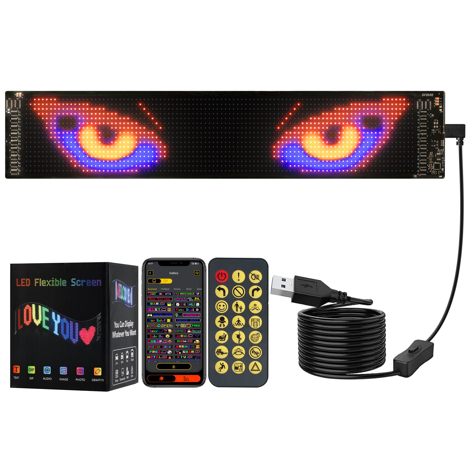 GLUROO LED Augen für LKW und Auto, Devil Eyes Licht mit Bluetooth App Fernbedienung, Programmierbarer Flex LED Display, DIY Auto Dynamische Bunte Augenlampe, Soft Screen 374 x 92mm von GLUROO