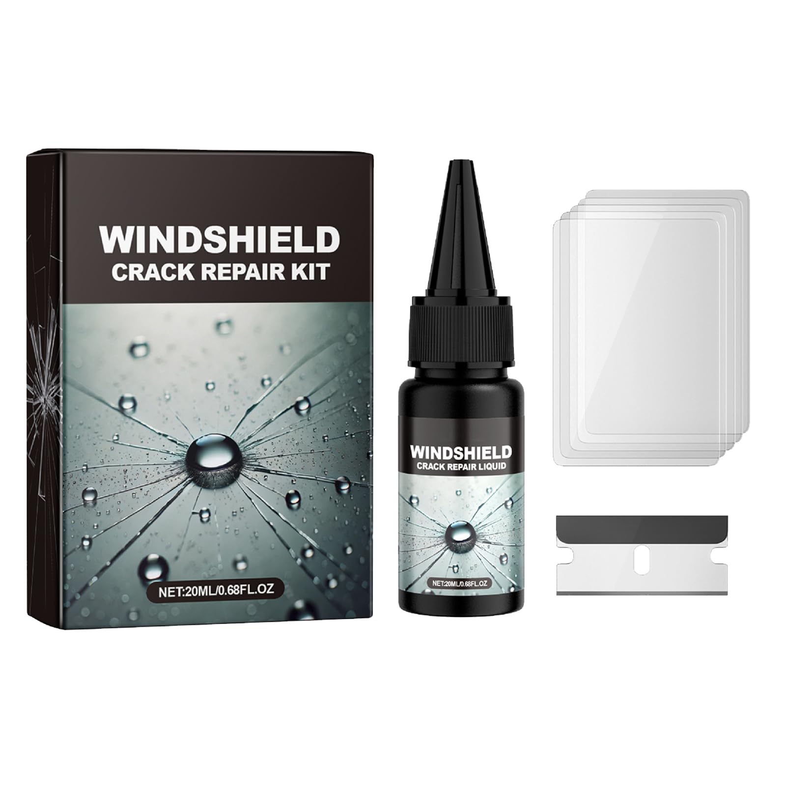 Windschutzscheiben-Reparaturset, Auto-Glas Nano Repair Fluid, zur Reparatur von langen Augenrissen, 20 ml + Klinge + gehärtete Folie x 5 Windschutzscheiben-Reparaturset, Auto-Glas Nano Repair Fluid, zur Reparatur von langen Augenrissen, 20 ml + Klinge + gehärtete Folie x 5 von GNAUMORE