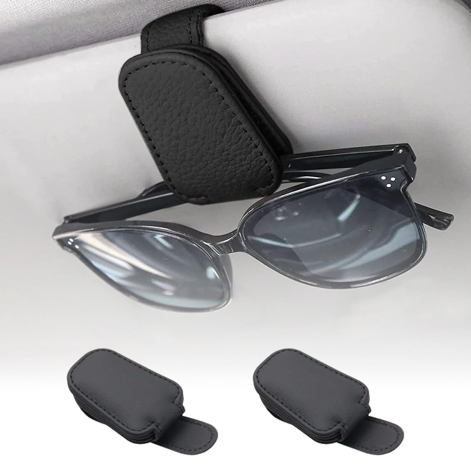 GOIEHIR 2 Stücke Brillenhalter für Auto, Magnetisch Sonnenbrillenhalter Auto, Universal Leder Auto Sonnenbrillen, für Auto Sonnenblende, Schwarz von GOIEHIR