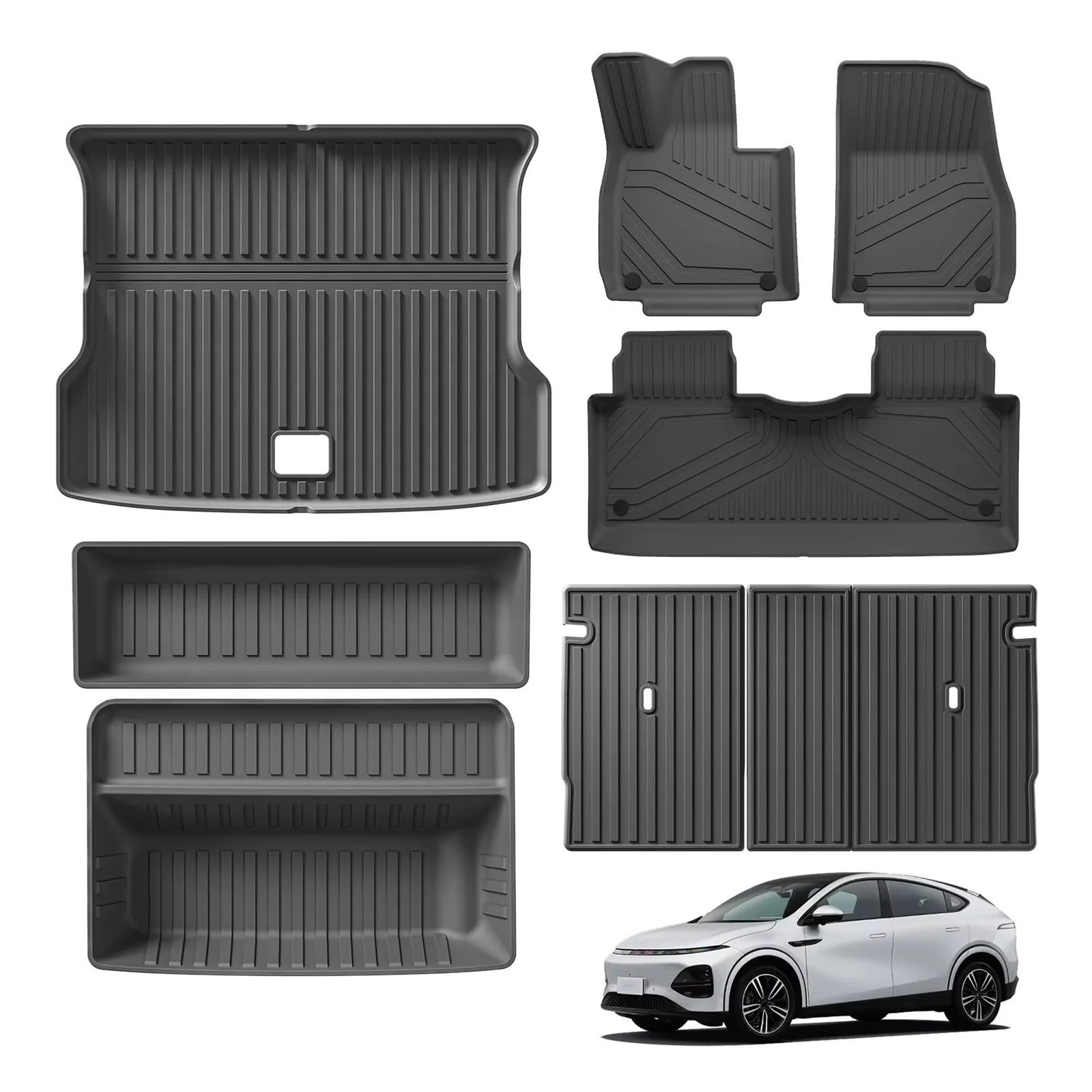 Kofferraum schutzmatte Auto-Fußmatten Cargo-Liner Kofferraum-Pad TPE 3D Für Xiaopeng Fußmatte Wasserdicht Geruchlos Tablett-Set Schwarz Für Xpeng G6 Kofferraumwanne(8pcs Sets) von GOINTDJD