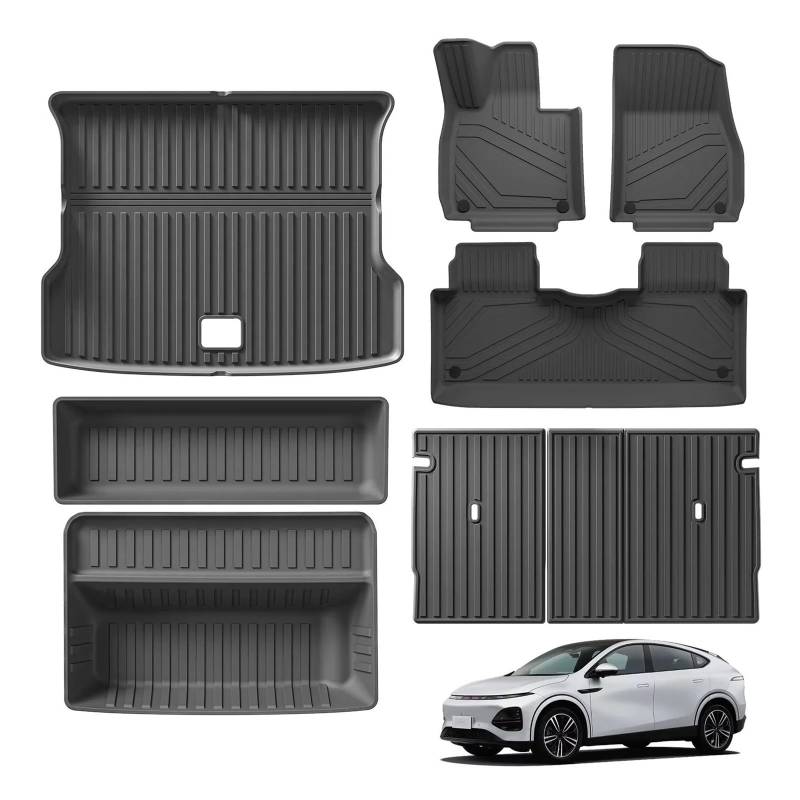 Kofferraum schutzmatte Auto-Fußmatten Cargo-Liner Kofferraum-Pad TPE 3D Für Xiaopeng Fußmatte Wasserdicht Geruchlos Tablett-Set Schwarz Für Xpeng G6 Kofferraumwanne(8pcs Sets) von GOINTDJD