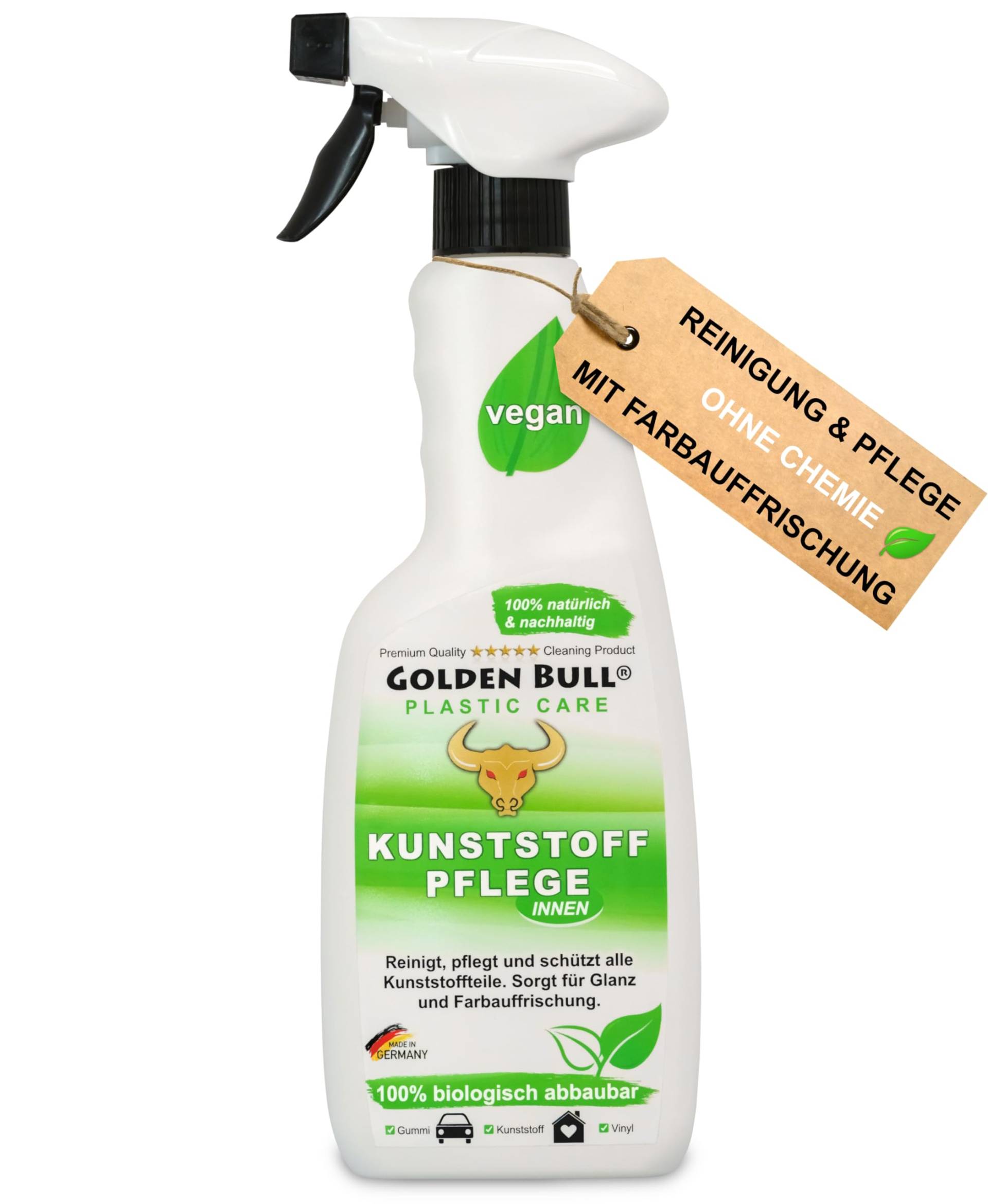 Golden Bull® Kunststoffreiniger & Kunststoffpflege 500ml Auto Innenraum [VEGAN - OHNE Chemie] Kunststoff Reiniger und Pflege für Cockpit Reinigung - Autopflege Innen mit Farbauffrischung von GOLDEN BULL Lederreinigung und Pflege