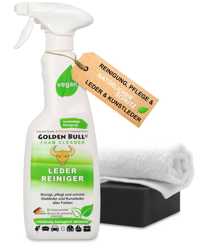 Golden Bull® Lederreiniger & Lederpflege Auto Sofa Set [STARK UND VEGAN] Leder Kunstleder Reiniger Schaum Spray 500ml, Schwamm, Tuch für Reinigung & Pflege von Ledersitz, Autositz, Ledercouch von GOLDEN BULL Lederreinigung und Pflege