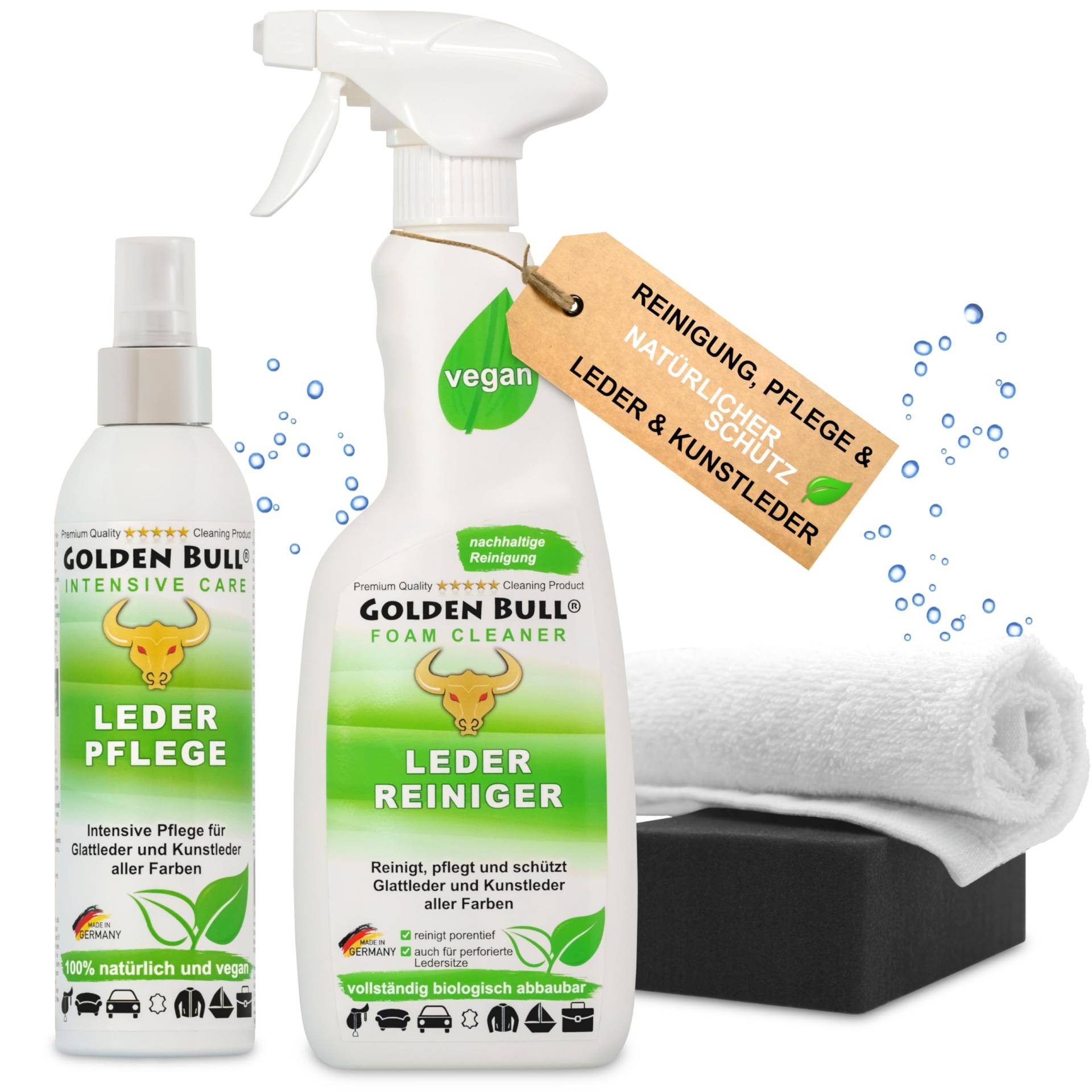 Golden Bull® Lederreiniger & Lederpflege Auto Sofa Set intensiv [STARK UND VEGAN] Leder Reiniger Schaum Spray 500ml, Pflegemittel 250ml, Schwamm, Tuch für Reinigung & Pflege von Ledersitz & Ledercouch von GOLDEN BULL Lederreinigung und Pflege