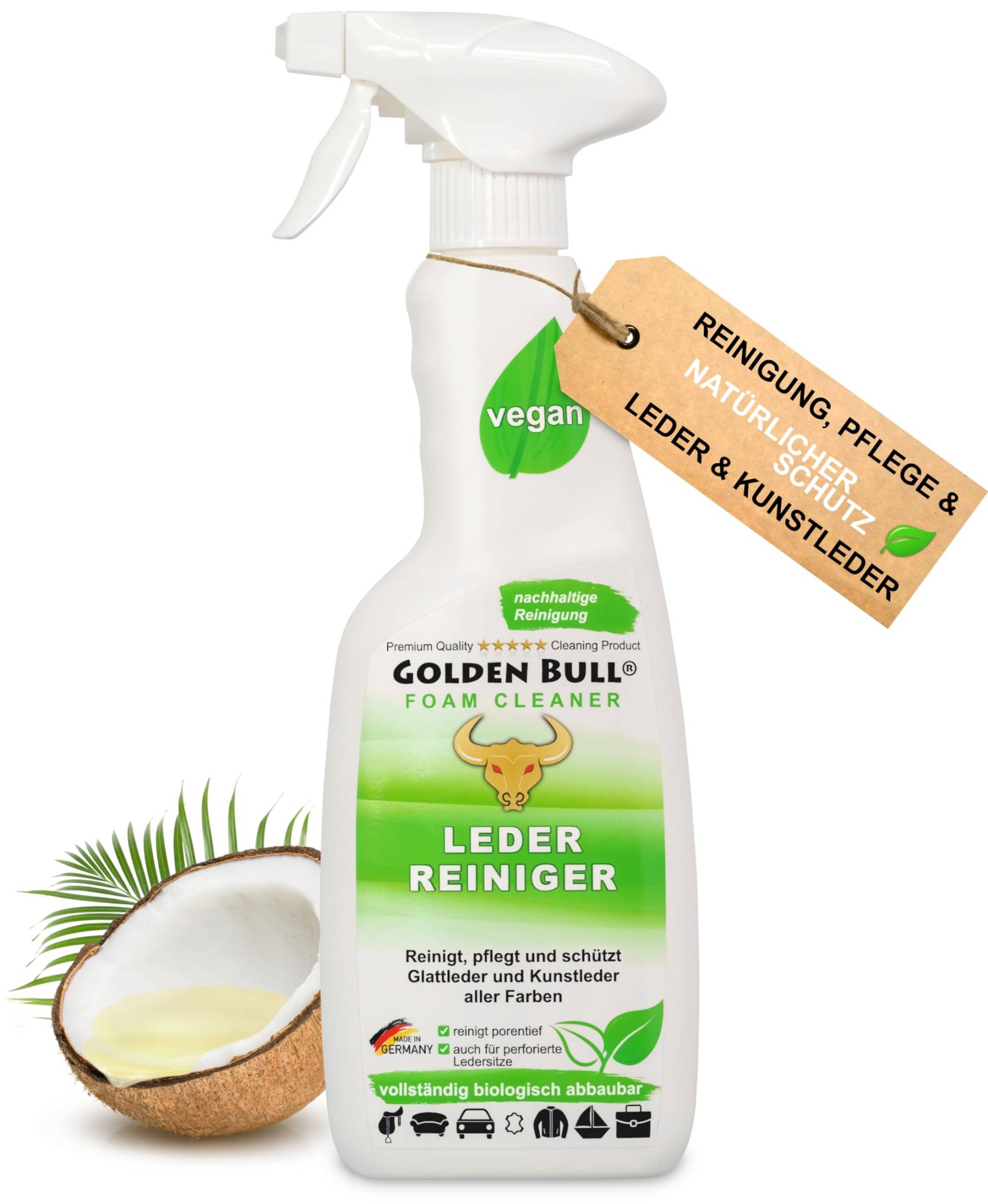 Golden Bull® Lederreiniger & Lederpflege Auto Sofa 500ml [STARK UND VEGAN] Leder Kunstleder Reiniger Schaum Spray mit Kokosöl für Reinigung & Pflege von Ledersitz, Autositz, Ledercouch von GOLDEN BULL Lederreinigung und Pflege