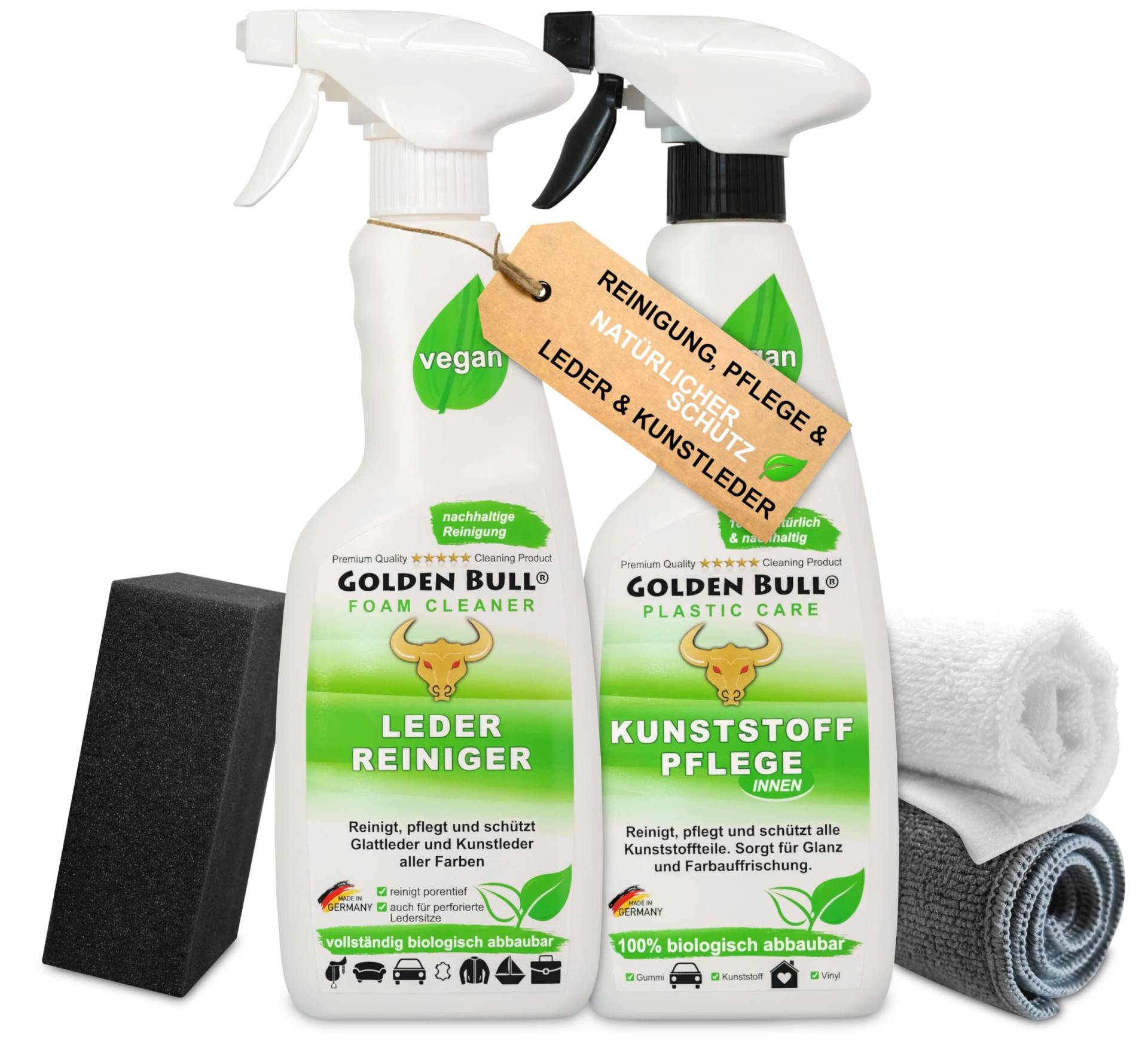 Golden Bull® Auto Reinigungsset Innenraum Leder & Kunststoff [NACHHALTIG & VEGAN] Lederreiniger 500ml, Kunststoffpflege 500ml, Schwamm, Microfasertuch und Baumwolltuch im Pflegeset Innen von GOLDEN BULL Lederreinigung und Pflege