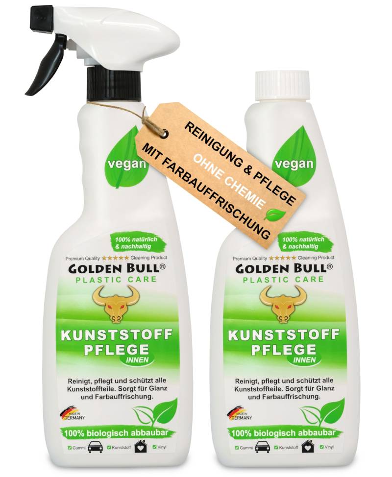 Golden Bull® Kunststoffreiniger & Kunststoffpflege 2x500ml Auto Innenraum [VEGAN - OHNE Chemie] Kunststoff Reiniger und Pflege für Cockpit Reinigung - Autopflege Innen mit Farbauffrischung von GOLDEN BULL Lederreinigung und Pflege