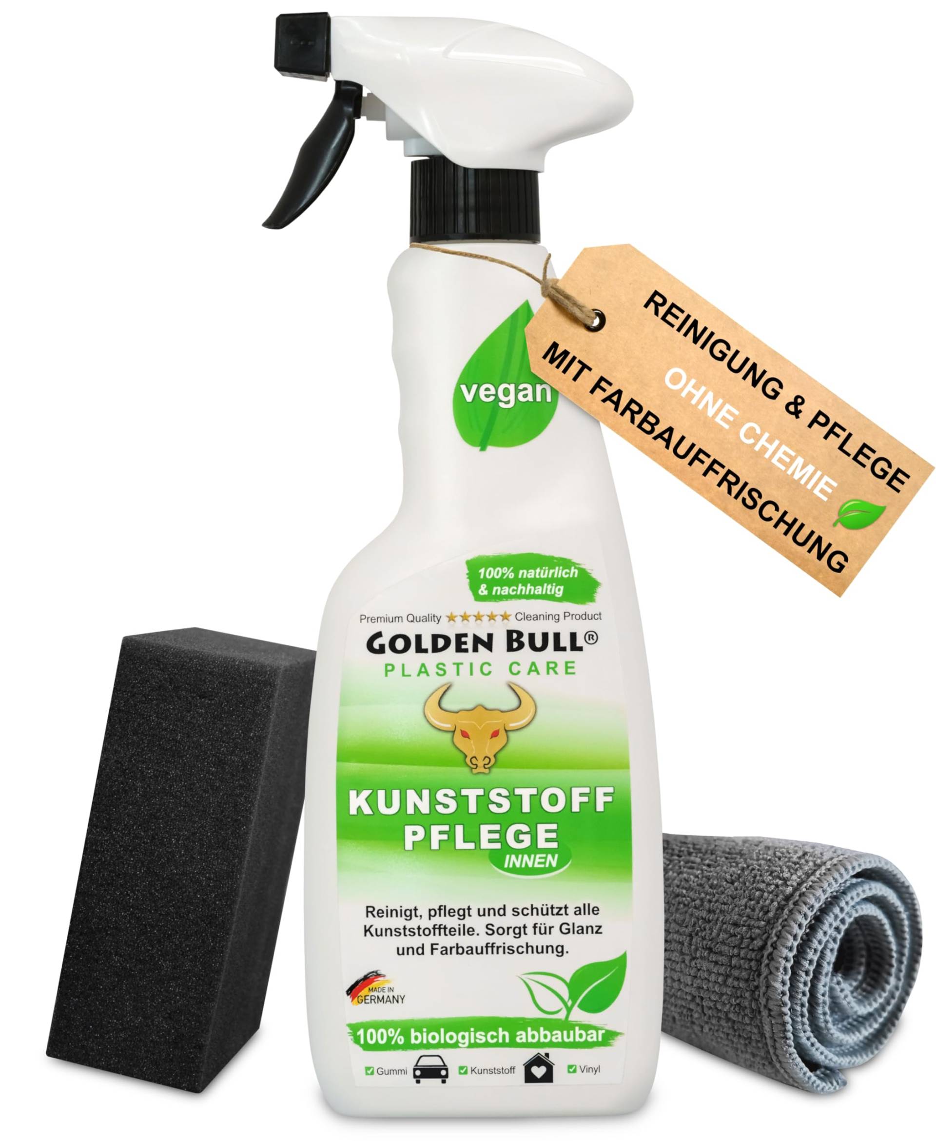 Golden Bull® Kunststoffreiniger & Kunststoffpflege Set Auto Innenraum [VEGAN - OHNE Chemie] Kunststoff Reiniger 500ml, Schwamm & Microfasertuch - Cockpit Reinigung & Pflege mit Farbauffrischung von GOLDEN BULL Lederreinigung und Pflege