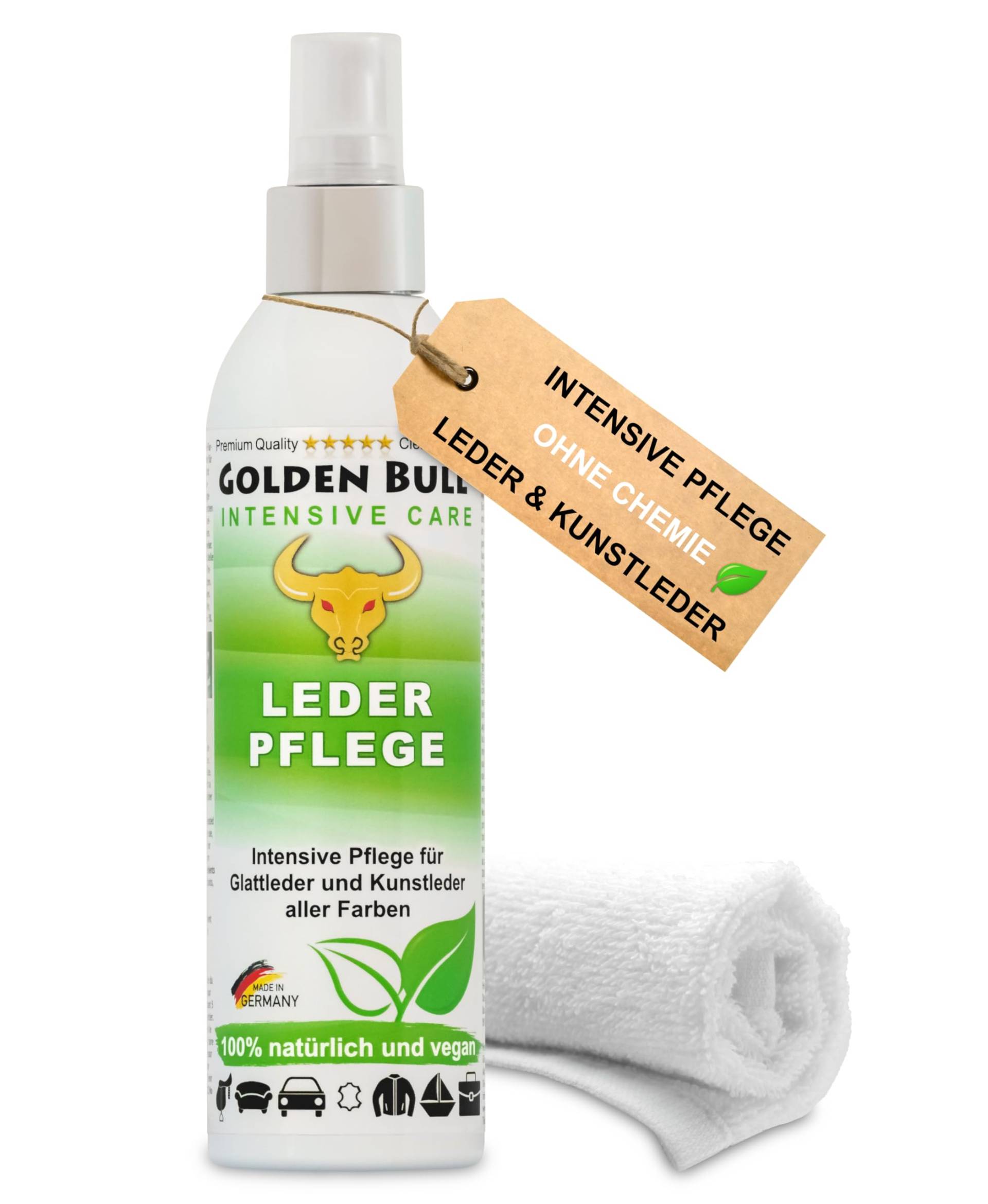 Golden Bull® Lederpflege Spray intensiv 250ml + Tuch [VEGAN - OHNE Chemie] Natürliches Leder Kunstleder Pflegemittel für werterhaltende Pflege von Ledersitz, Ledercouch, Autoleder, Sofa & Lederjacke von GOLDEN BULL Lederreinigung und Pflege