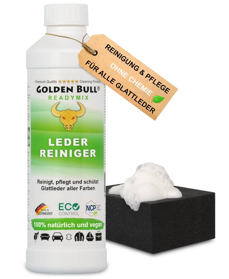 Golden Bull® Lederreiniger & Lederpflege für Ledercouch 500ml + Schwamm [STARK - VEGAN - OHNE Chemie] Leder Reiniger mit natürlichem Kokosöl für Reinigung & Pflege von Ledersofa Auto Couch Sofa von GOLDEN BULL Lederreinigung und Pflege