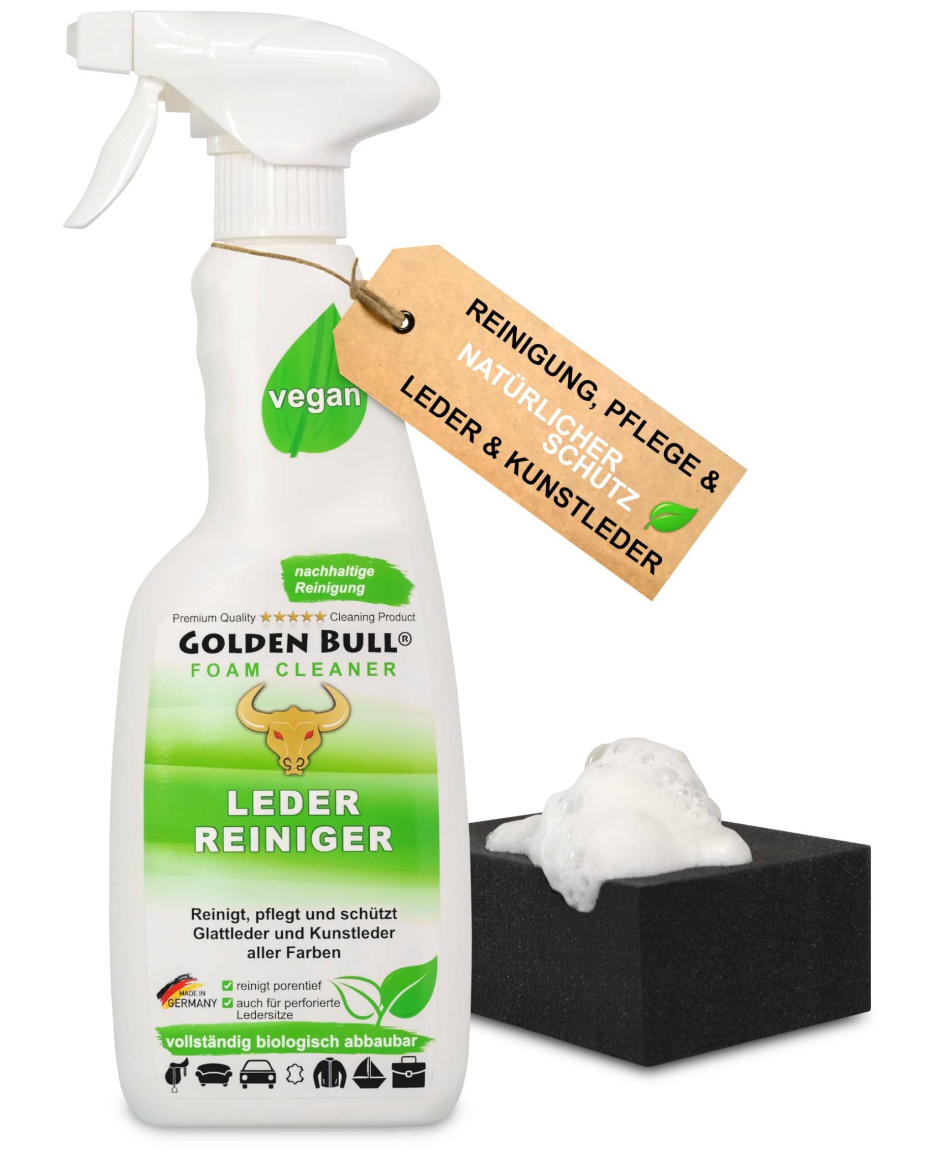 Golden Bull® Lederreiniger & Lederpflege Auto Sofa 500ml + Schwamm [STARK UND VEGAN] Leder Kunstleder Reiniger Schaum Spray mit Kokosöl für Reinigung & Pflege von Ledersitz, Autositz & Ledercouch von GOLDEN BULL Lederreinigung und Pflege