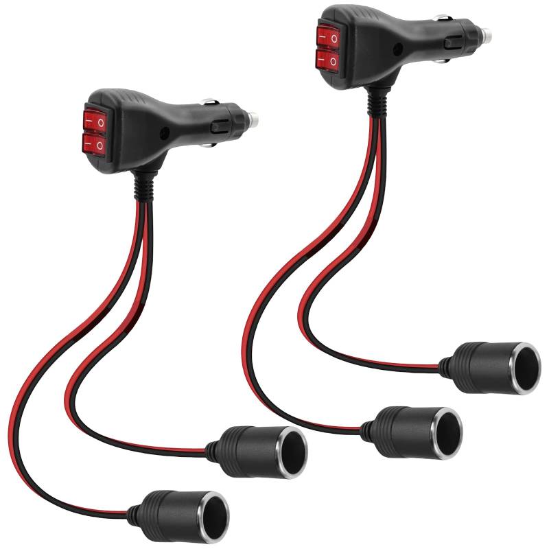 2 Stück 12V Zigarettenanzünder Verteiler mit Schalter, 2-Wege Auto-Steckdosen-Splitter mit 2 unabhängigen Schaltern, 10A Sicherung (120W Max), 0.3m Kupferkabel – Ideal für GPS, Dashcam, Kühlschrank von GOMETY