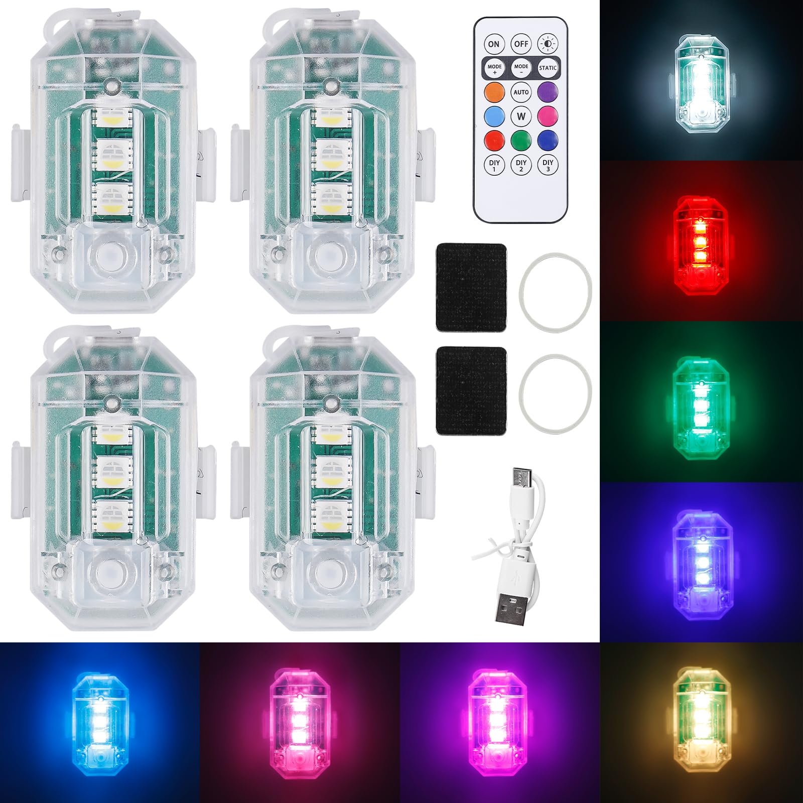 GOMETY 4 Stück Auto Fernbedienung Blitzlicht, 8 Farben Drahtlose Auto LED Blitzlichter mit Fernbedienung und USB-Aufladung, LED Flugzeug Blitzlichter Blitzleuchte für Auto LKW, Motorrad, Drohne GOMETY 4 Stück Auto Fernbedienung Blitzlicht, 8 Farben Drahtlose Auto LED Blitzlichter mit Fernbedienung und USB-Aufladung, LED Flugzeug Blitzlichter Blitzleuchte für Auto LKW, Motorrad, Drohne von GOMETY