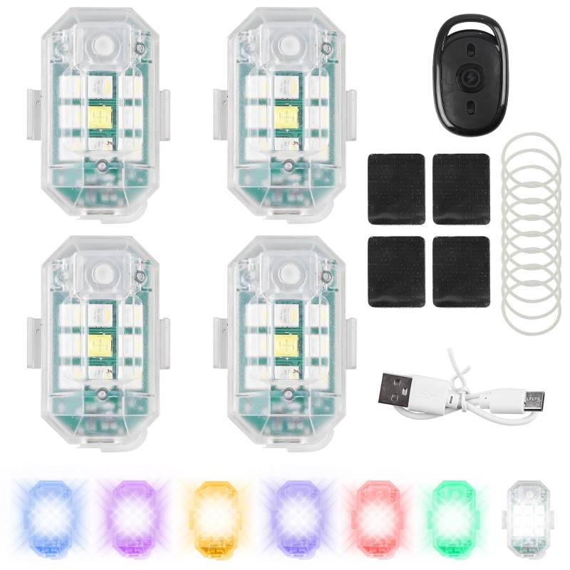 GOMETY 4 Stück Auto Fernbedienung LED Blitzlichter: 7 Farben Drahtlos, USB Aufladbar, Wasserdicht Für Motorrad, Drohne, Fahrrad, Camping, Angeln (Schwarz) von GOMETY
