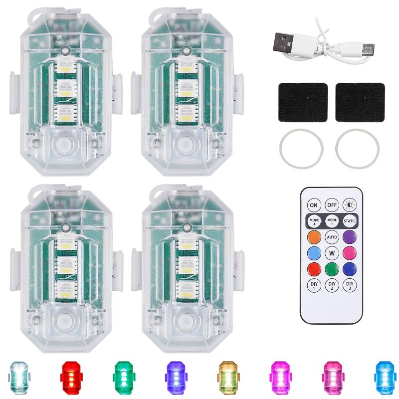 GOMETY 4 Stück Auto Fernbedienung Blitzlicht, Drahtloses LED-Blitzlichter, 8 Farben Led Blinklicht mit Fernbedienung USB Aufladung Antikollisionslichter für Auto, Drohne, Motorrad von GOMETY