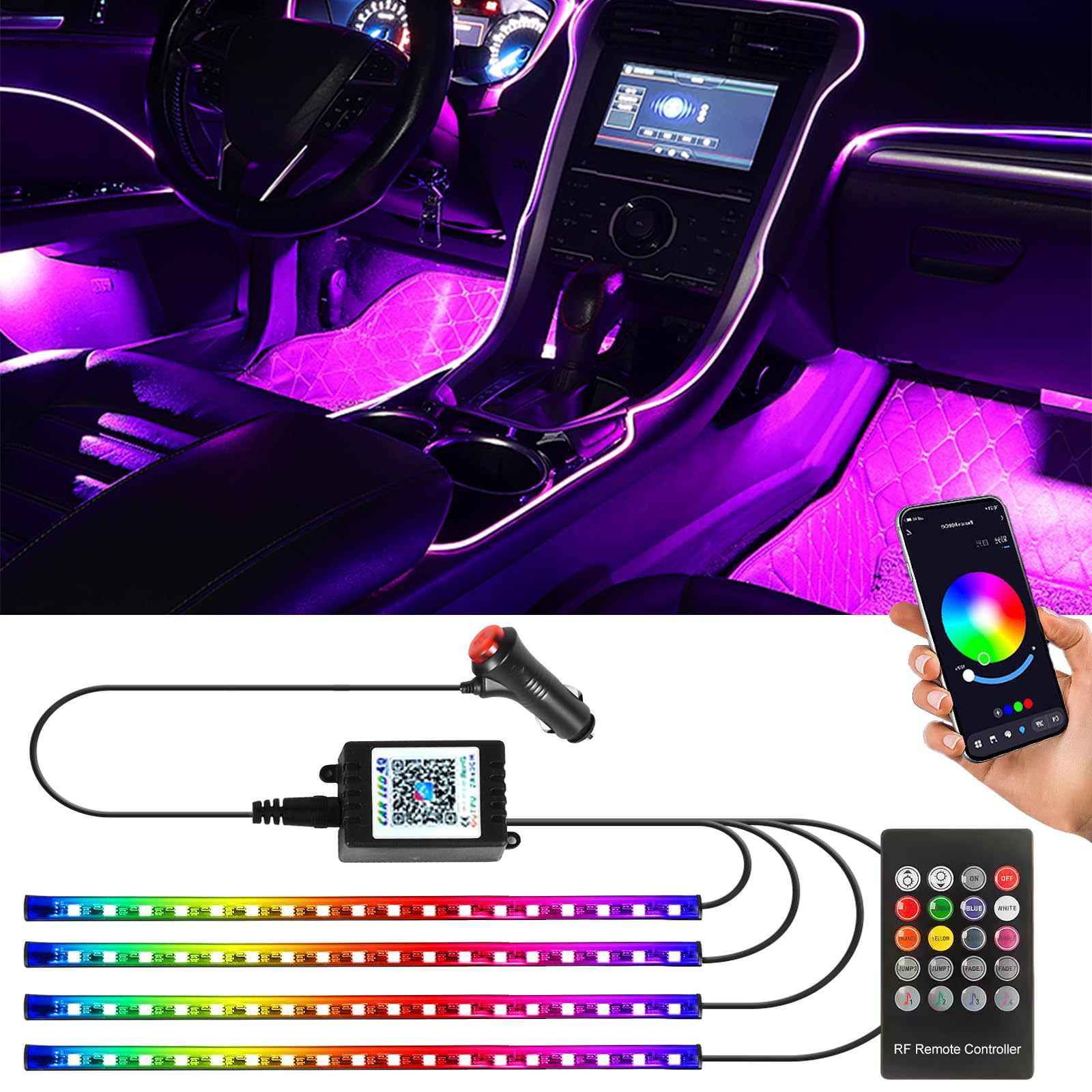 GOMETY Auto LED Innenbeleuchtung, 4pcs 72 LED Streifen RGB Auto Innenraumbeleuchtung Ambientebeleuchtung 12V Zigarettenanzünder LED Strip mit APP Steuerung & Fernbedienung Dynamic Music Neon GOMETY Auto LED Innenbeleuchtung, 4pcs 72 LED Streifen RGB Auto Innenraumbeleuchtung Ambientebeleuchtung 12V Zigarettenanzünder LED Strip mit APP Steuerung & Fernbedienung Dynamic Music Neon von GOMETY