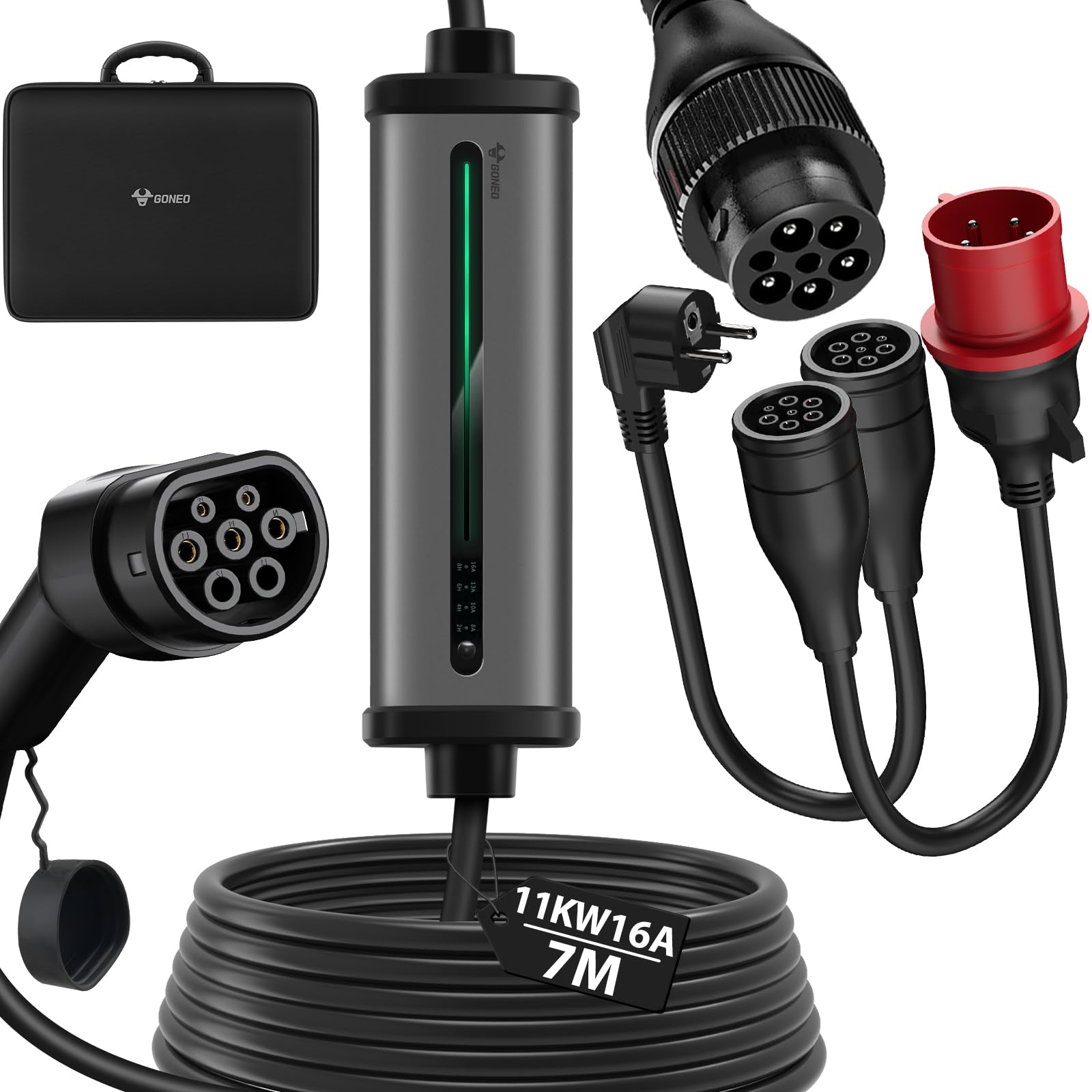 GONEO Mobile Wallbox/Ladestation 11kW 3-Phasig|8-16A|7m–Typ 2 Ladekabel mit CEE Stecker und Schuko Stecker mit Einstellbarer Ladeleistung,IP66,Kompatibel mit Model Y/3,ID3/4/5 und BEV/PHEV Tragetasche GONEO Mobile Wallbox/Ladestation 11kW 3-Phasig|8-16A|7m–Typ 2 Ladekabel mit CEE Stecker und Schuko Stecker mit Einstellbarer Ladeleistung,IP66,Kompatibel mit Model Y/3,ID3/4/5 und BEV/PHEV Tragetasche von GONEO