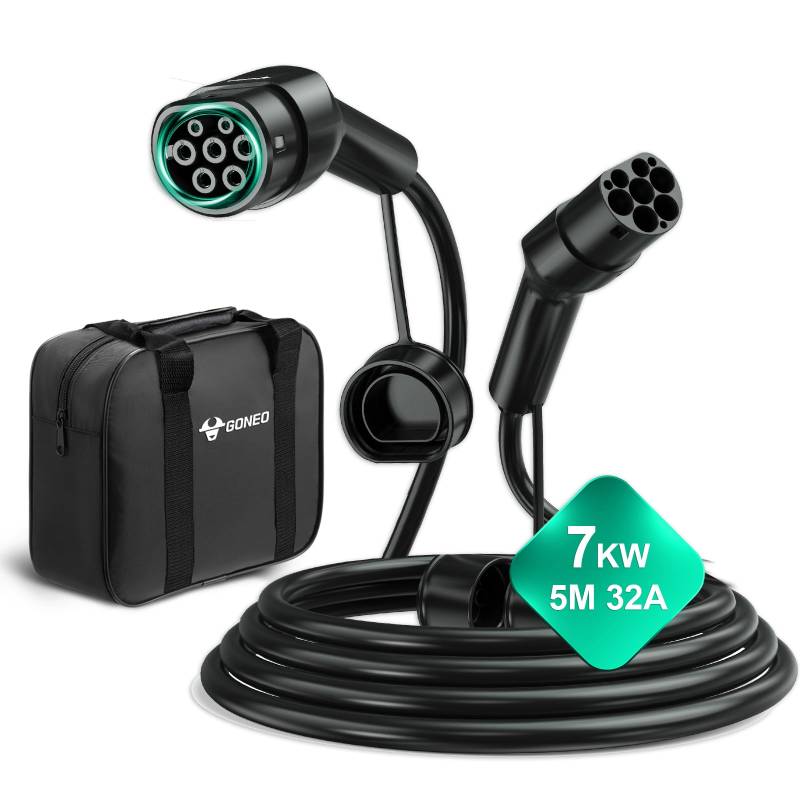 GONEO Typ 2 Ladekabel, 7kW 32A 5M 1 Phasig Ladekabel Typ 2 Modus 3, Typ 2 EV für Elektroauto PHEV mit Tragetasche für Model S/X/Y/3, ID.3, ID.4 von GONEO