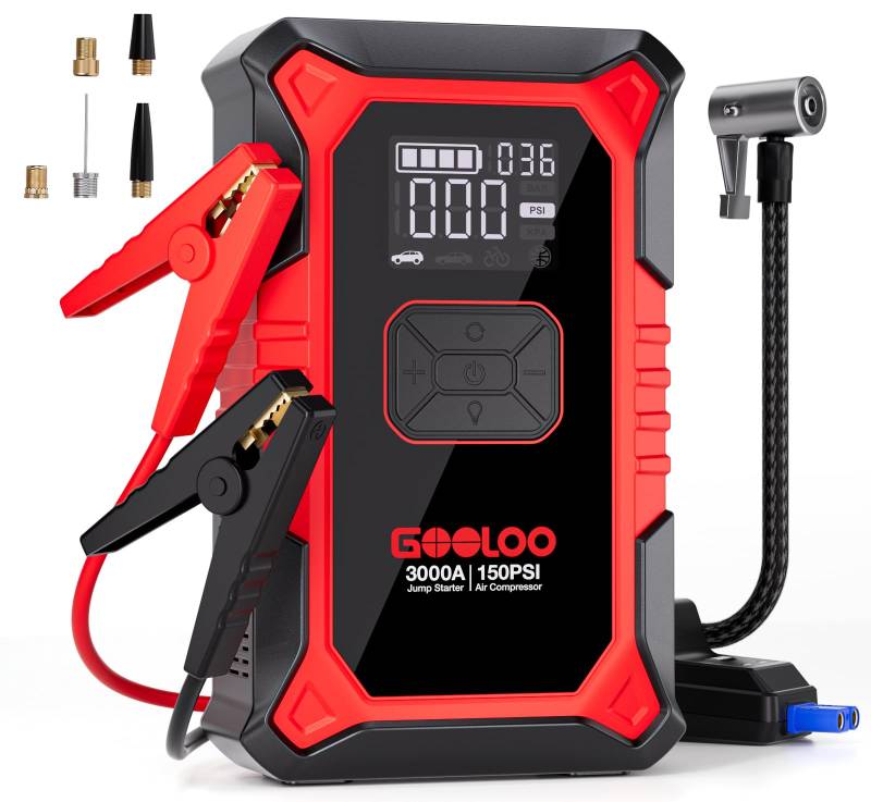 GOOLOO A3 Starthilfe Powerbank mit Kompressor, 3000A 150PSI Spitzenstrom Starter Powerbank für 12V Fahrzeuge(Bis zu 9.0L Benzin/6.5L Diesel), Tragbare Auto Starthilfe mit Digitale und LED von GOOLOO