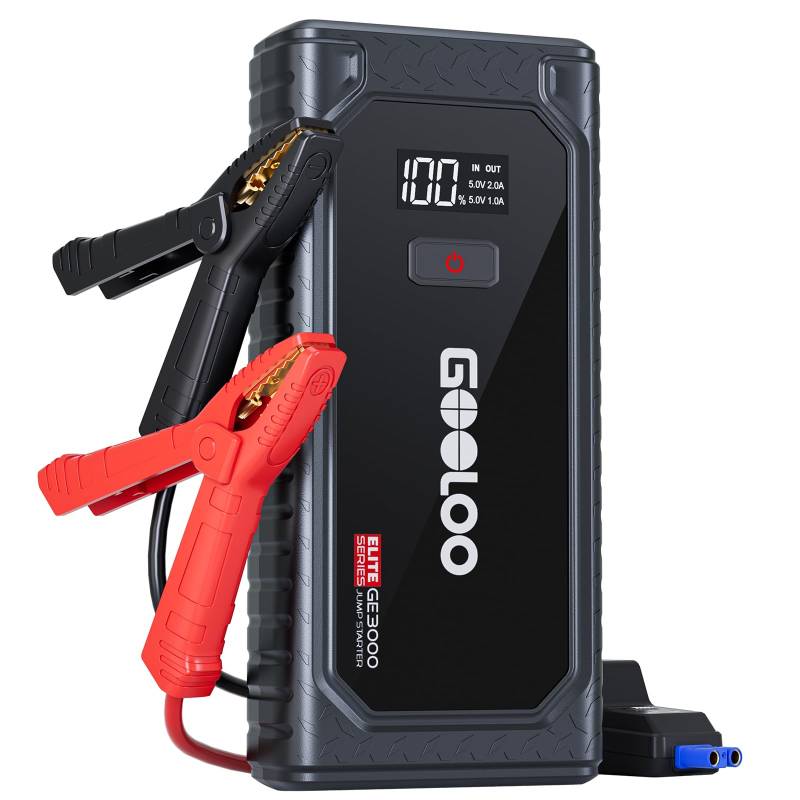 GOOLOO GE3000 Starthilfe Powerbank, 3000A Booster Auto Starthilfe Für 12V(Höchststart von 8,5L Benzin/6,0L Diesel), Mit LED und Anzeige, Jump Starter Inklusive USB-Ladekabel und Starthilfekabel von GOOLOO