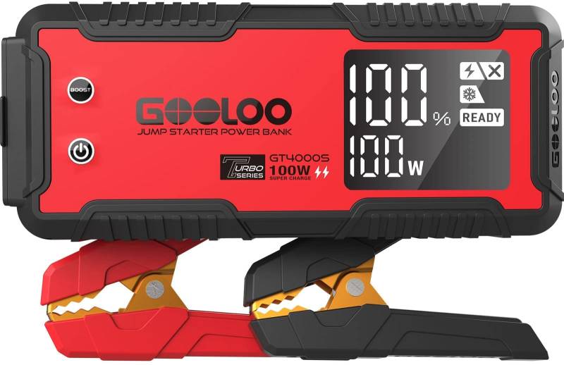 GOOLOO GT4000S Starthilfe Powerbank, 4000A 100W Zweiwege-Schnellladegerät für 12V Fahrzeuge(12.0L Benzin und 10.0L Diesel), SuperSafe tragbares Booster Auto Starthilfe mit 3,2" LCD Bildschirm von GOOLOO