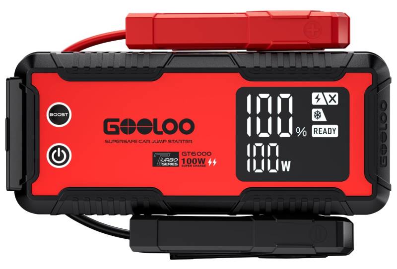 GOOLOO GT6000 Starthilfe Powerbank,6000A Peak Ultar Sicher Zweiwege-Schnellladegerät für 12V Fahrzeuge(All Benzin und 12 L Diesel), Booster Auto Starthilfe mit LED Taschenlampe UND 3,2 LED Bildschirm von GOOLOO