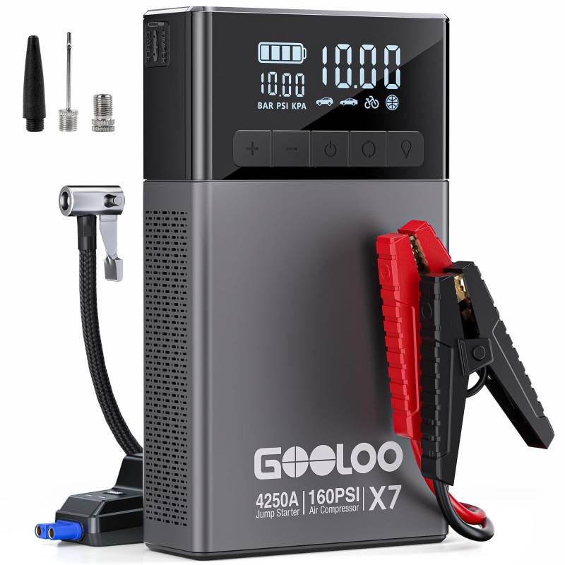 GOOLOO X7 4250A Starthilfe Powerbank mit Kompressor,Starthilfe mit Digitalem Reifenfüller 160 PSI, 12V-Lithium-Batterie-Booster mit Typ-C-Schnellladung (bis zu 10 l Benzin-/10 l Diesel) von GOOLOO