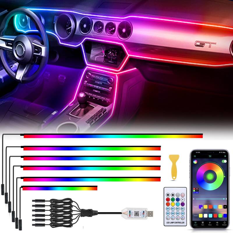 GPJYD Acryl 6 IN 1 Auto Ambientebeleuchtung, RGB LED Auto Innenbeleuchtung Strip Lights 445cm 584 LEDs mit 16 Millionen Farben, 210 Dynamische, USB-Port A uto LED Innenbeleuchtung von GPJYD