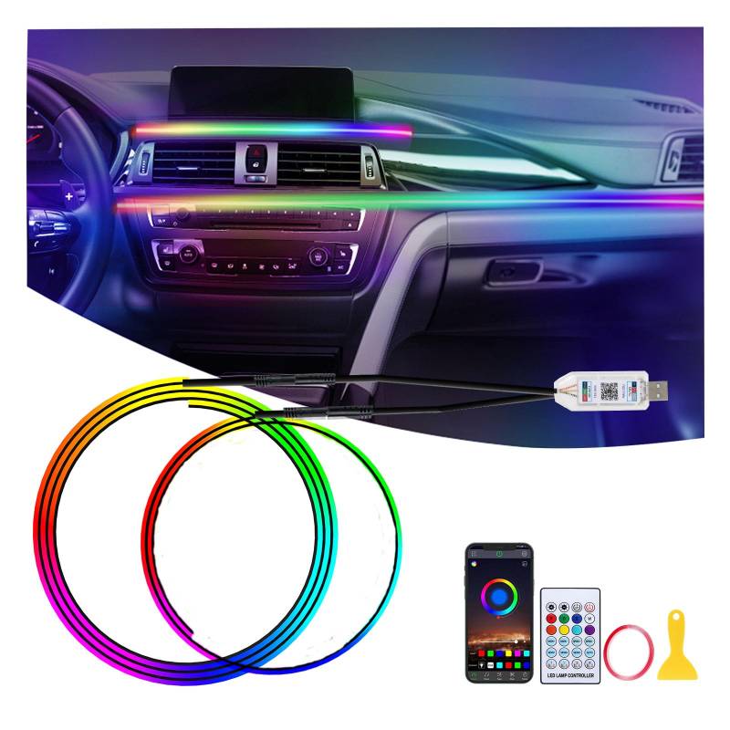 GPJYD Acryl Ambientebeleuchtung Auto LED Innenbeleuchtung, 2 IN 1 110cm+35cm 168LEDs RGB LED Auto mit 16 Millionen Farben & 210 Dynamische, APP-Steuerung, USB Ambiente Beleuchtung für Aut o von GPJYD