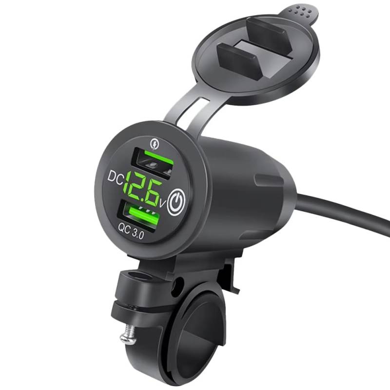 GREOHNMPAW Fahrer-Lenker-Gepäckträger-Autoladegerät Dual-USB-Autoladegerät-Buchse Schnellladung QC3.0 Motorradladegerät mit Spannungsanzeige C von GREOHNMPAW