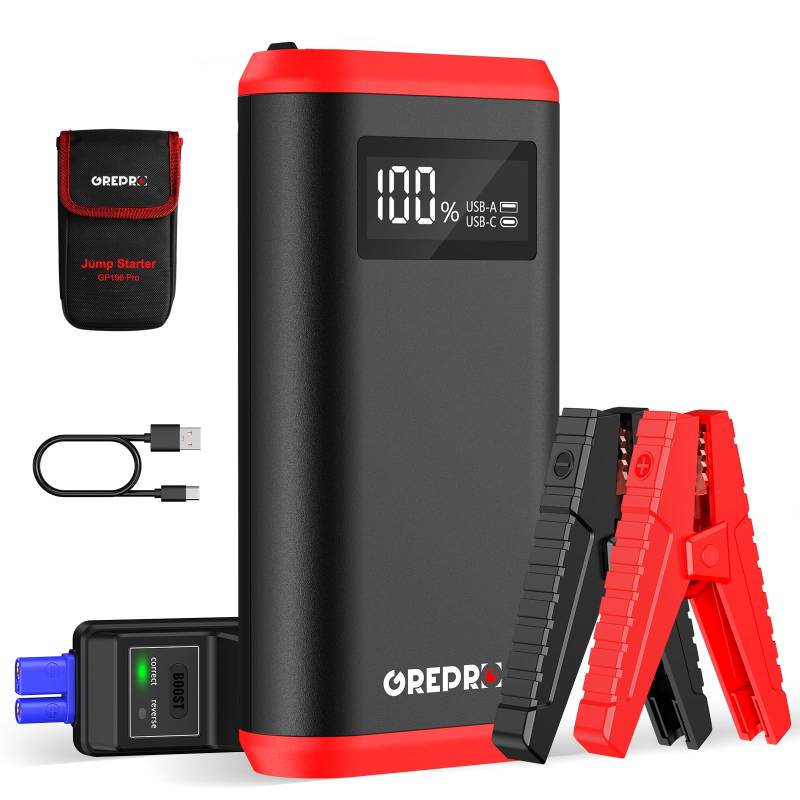 GREPRO 3000A Starthilfe Powerbank, Auto Starthilfe Powerbank (bis zu 10.0L Benzin,8.0L Diesel) für 12V Starter Powerbank, Tragbare Auto Starthilfe mit LCD Bildschirm Leistungsanzeige, LED Taschenlampe von GREPRO