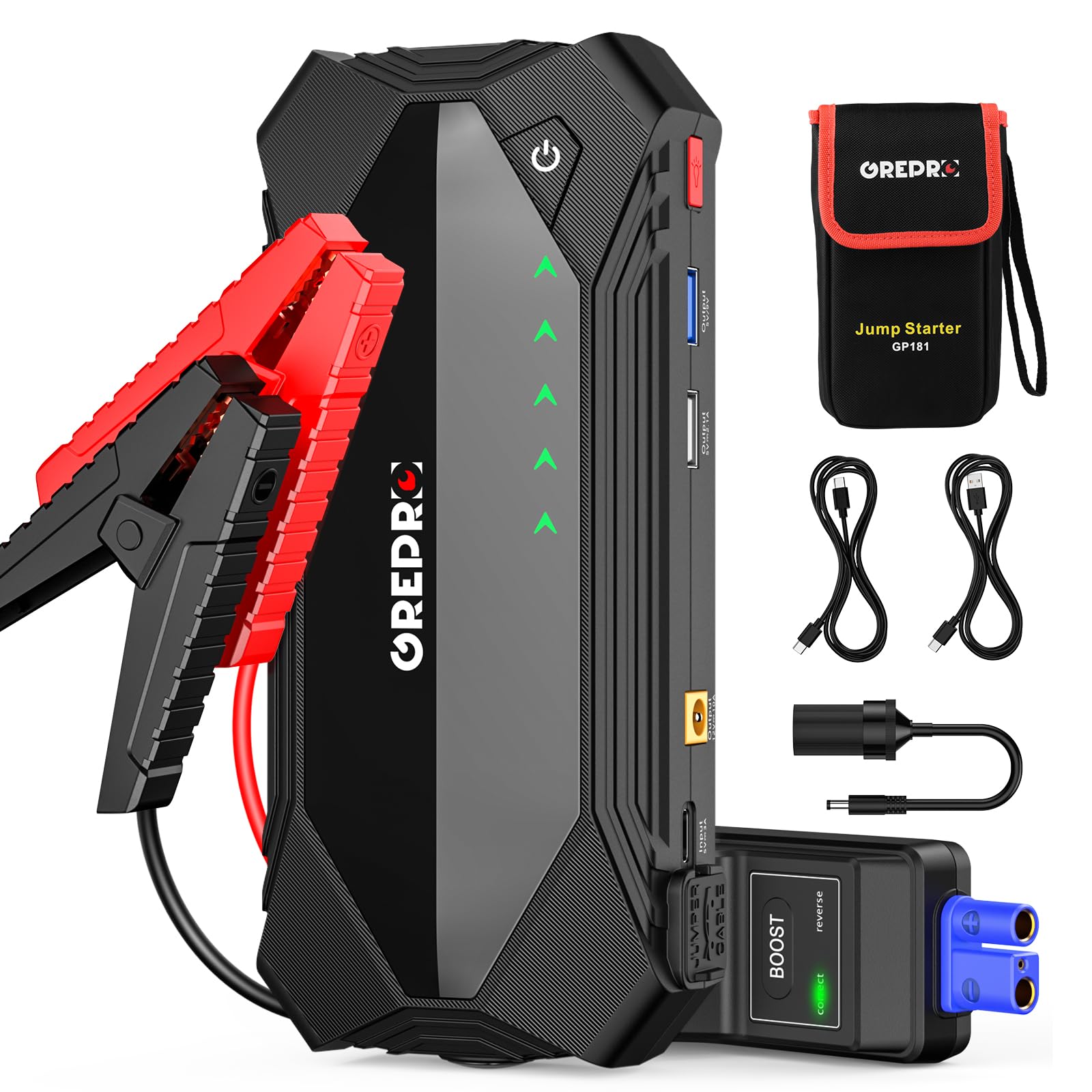 GREPRO 3000A Starthilfe Powerbank, Auto Starthilfe Powerbank für 12V Jump Starter, Tragbare Starthilfe mit USB Schnellladung 3.0 Ports,LED Taschenlampe Kompass (bis zu 9.0L Benzin,7.0L Diesel) von GREPRO