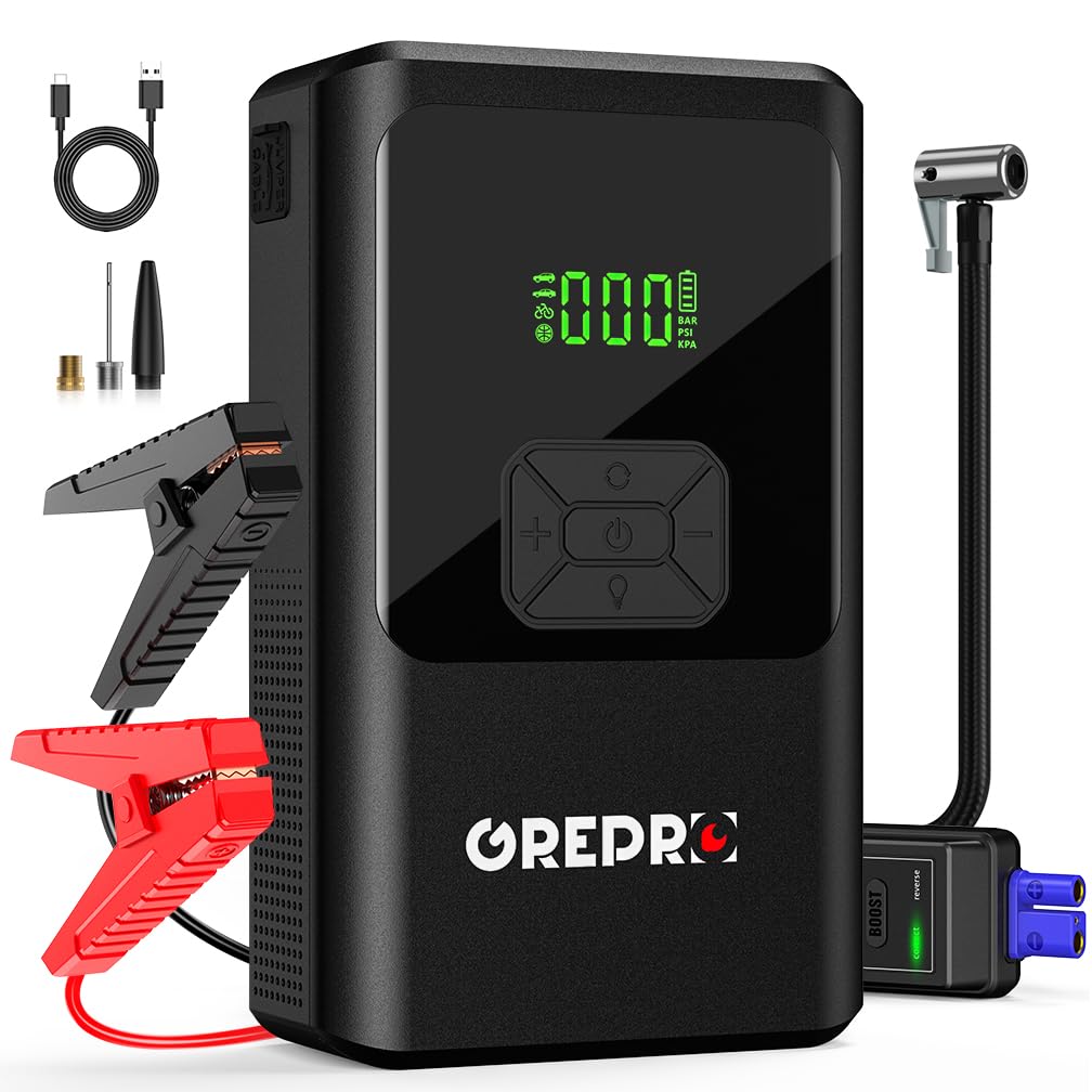 GREPRO 5-in-1 Starthilfe Powerbank mit Kompressor, (bis zu 10.0L Benzin,8.0L Diesel) 150PSI Auto Starthilfe Powerbank für 12V Jump Starter, 3000A Starthilfe mit Digitale Anzeige und LED Taschenlampe von GREPRO