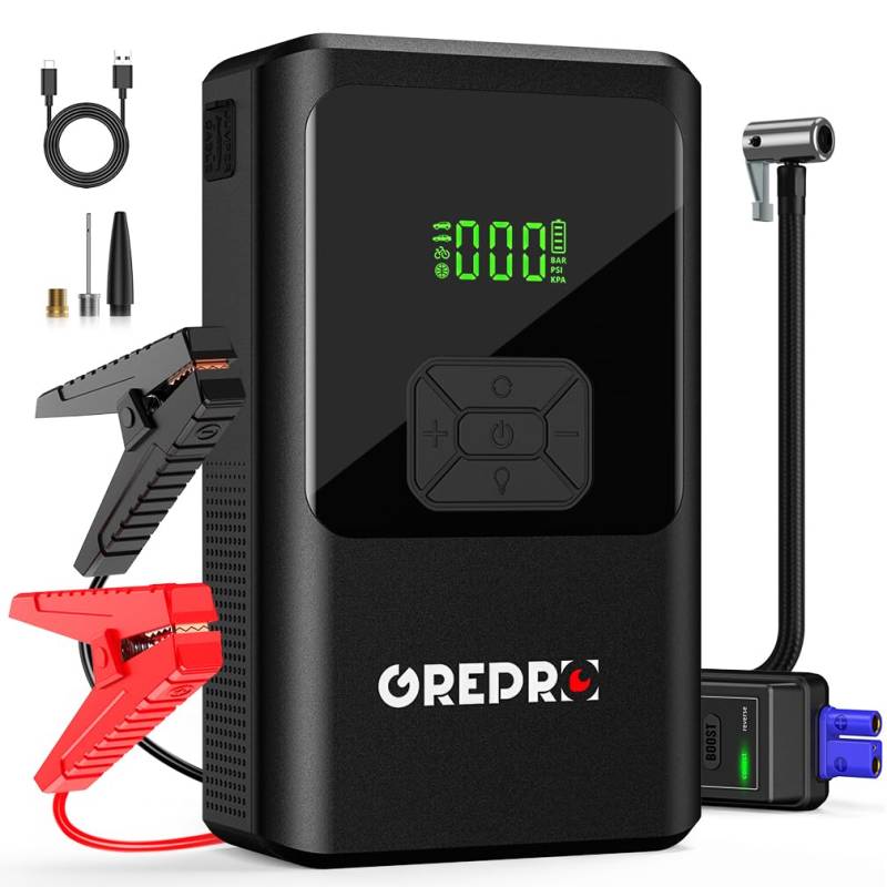 GREPRO 5-in-1 Starthilfe Powerbank mit Kompressor, (bis zu 10.0L Benzin,8.0L Diesel) 150PSI Auto Starthilfe Powerbank für 12V Jump Starter, 3000A Starthilfe mit Digitale Anzeige und LED Taschenlampe von GREPRO