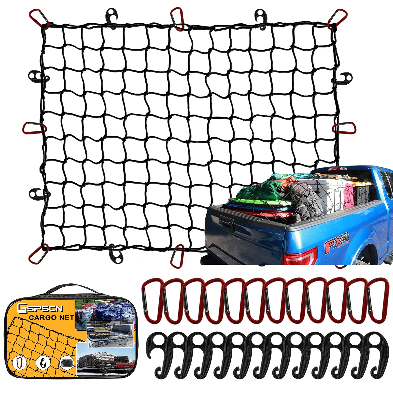 GSPSCN Gepäcknetz 1,5 m x 2,1 m für LKW, Pickup-Bett, Anhänger, Boot, Wohnmobil, SUV, dehnbar bis zu 4,5 x 6,3 m, Robustes Dachträgernetz, kleines 15 x 15 cm Netz mit 24 Bonus-Clip-Karabinern GSPSCN Gepäcknetz 1,5 m x 2,1 m für LKW, Pickup-Bett, Anhänger, Boot, Wohnmobil, SUV, dehnbar bis zu 4,5 x 6,3 m, Robustes Dachträgernetz, kleines 15 x 15 cm Netz mit 24 Bonus-Clip-Karabinern von GSPSCN