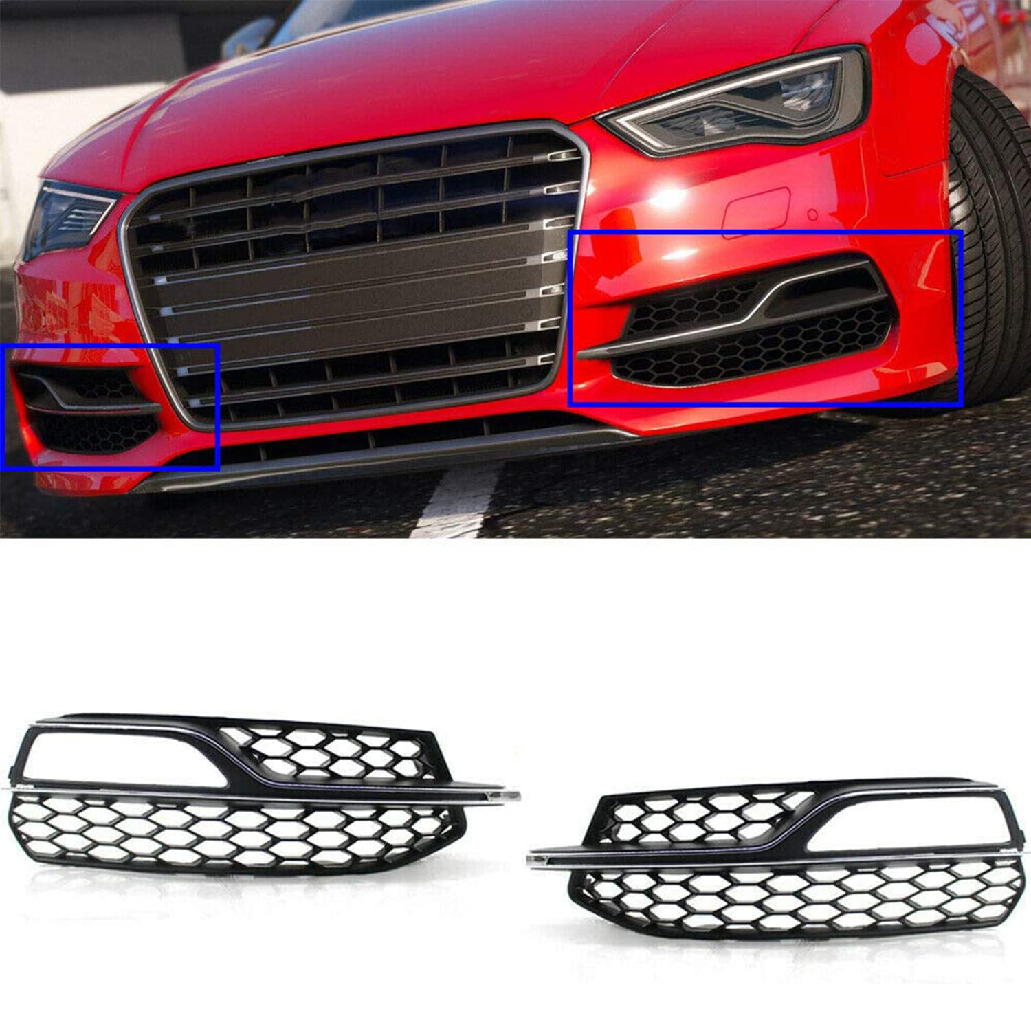 GSRECY Links Rechts Black & Chrome Trim Nebelscheinwerfer Lower Bumper Grill Kühlergrill Abdeckung für A3 S3 S-Line 2013-2016 von GSRECY