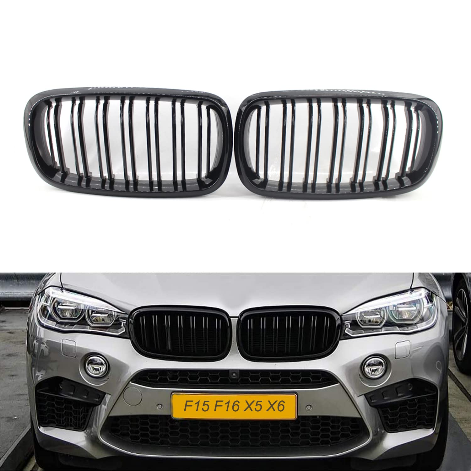 Vorderer Stoßstangengitter, Nierengitter, glänzend, Schwarz, Doppellamellen, kompatibel mit BMW X5, F15, X6, F16, X5M, F85, X6M, F86, 2014-2019 von GSRECY