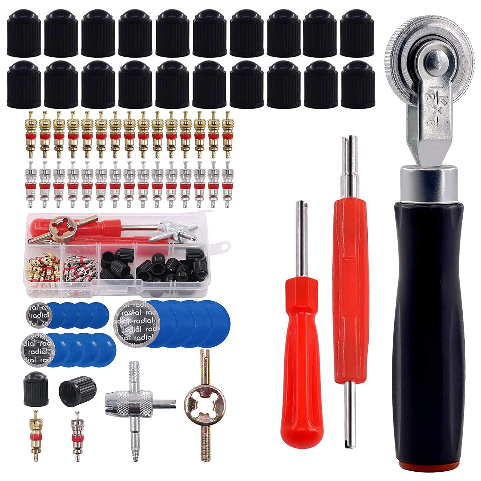 GTIWUNG 70-Teilig Reifenventilentferner Ventilwerkzeuge Set, Reifenreparatur Werkzeug, Ventilinstallationswerkzeug + Einkopf Ventil Entferner + 30×Ventilkern + 15×Reifen Flicken GTIWUNG 70-Teilig Reifenventilentferner Ventilwerkzeuge Set, Reifenreparatur Werkzeug, Ventilinstallationswerkzeug + Einkopf Ventil Entferner + 30×Ventilkern + 15×Reifen Flicken von GTIWUNG