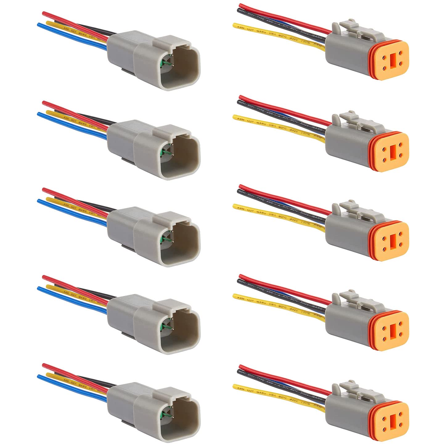 GTIWUNG DT Stecker Set, 5 Sets Männlich und Weiblich Auto Wasserdichter Elektrischer Steckverbinder Kabelverbinder Stecker 4-polig mit 15cm 16AWG Kabel, DT Serie Kabelstecker für Auto, Grau von GTIWUNG
