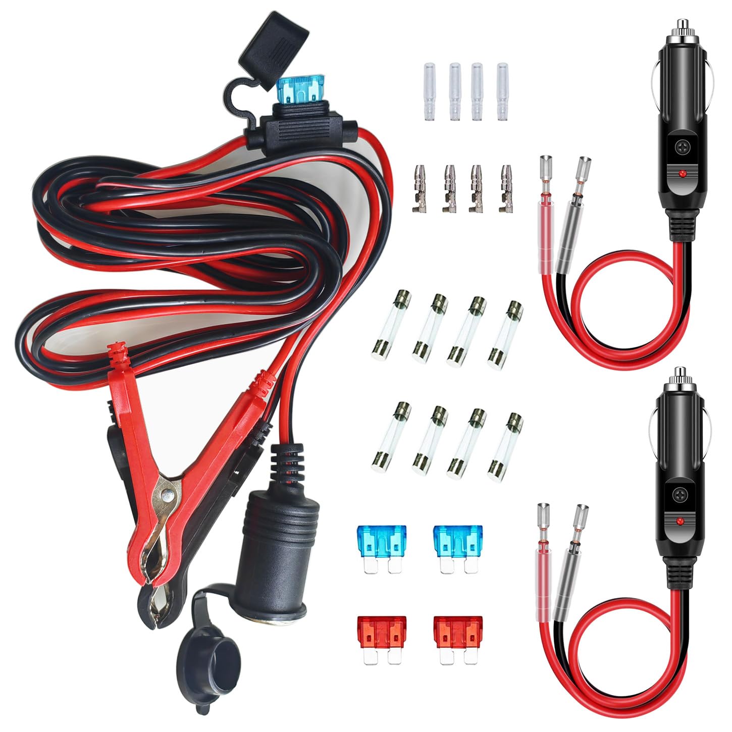 GTIWUNG Zigarettenanzünder Verlängerungskabel 12V/24V KFZ Batterieklemme 3.1m Krokodilklemmen kfz Steckdose Adapter Buchse mit 10A/15A Sicherungsschutz + 2 Stück Zigarettenanzünder Stecker von GTIWUNG