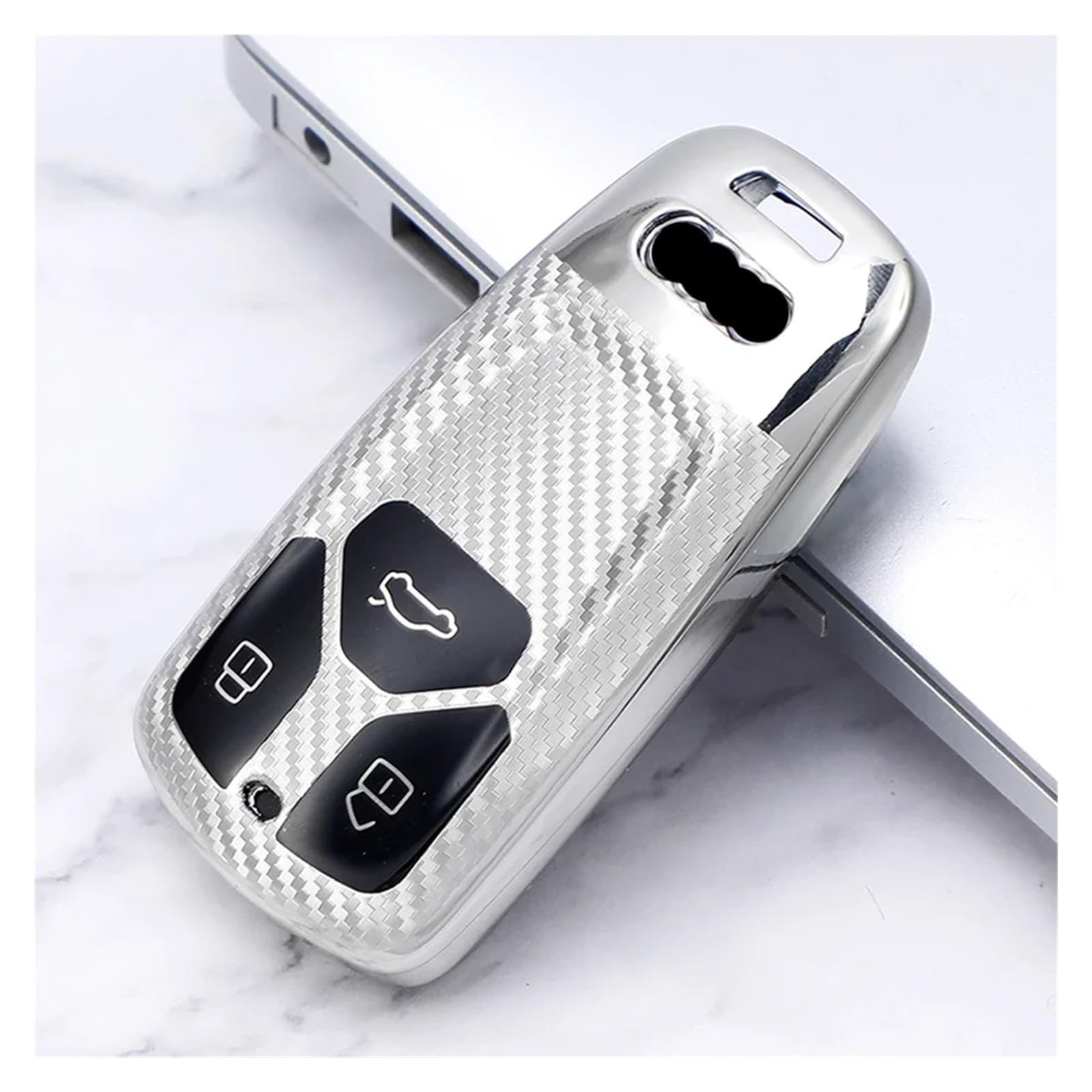 Für A4 B9 Q5 Q7 TT TTS 8S Schlüsselschutz Zubehör TPU Carbon Car Remote Key Case Cover Halter Schlüsselanhänger Ring(Silver Key case) von GTOQEV