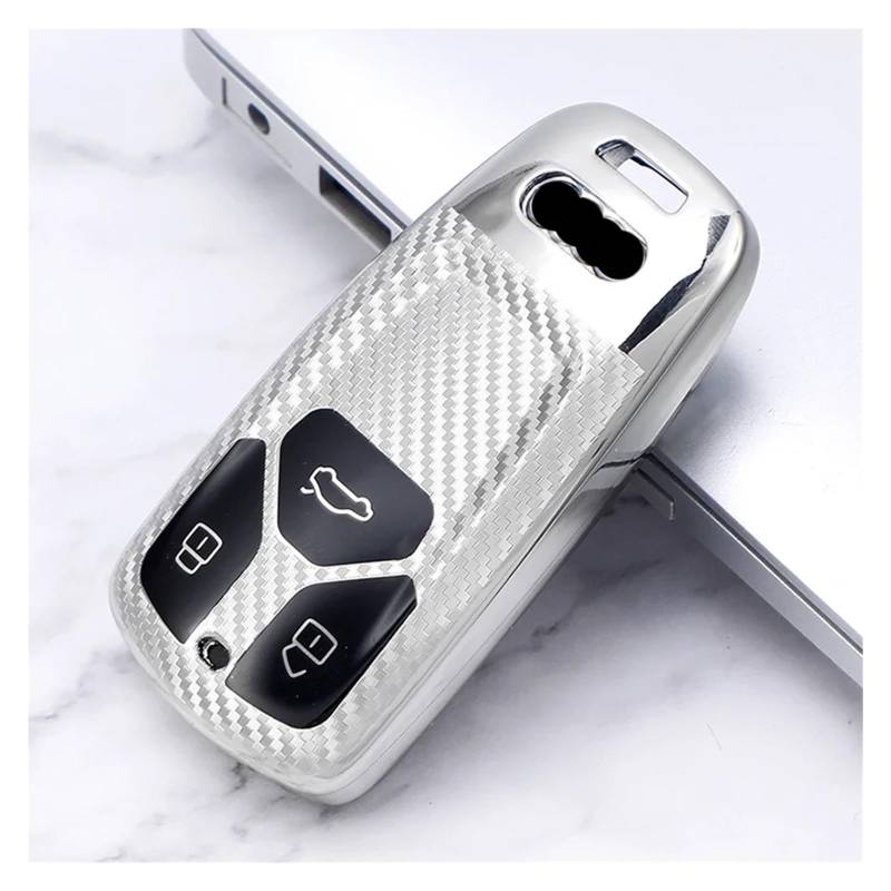 Für A4 B9 Q5 Q7 TT TTS 8S Schlüsselschutz Zubehör TPU Carbon Car Remote Key Case Cover Halter Schlüsselanhänger Ring(Silver Key case) von GTOQEV