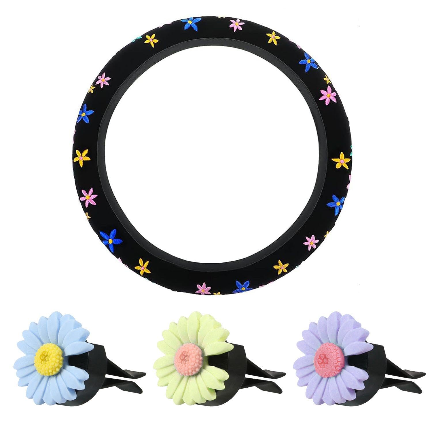 1 Stück Mit Blumen Bestickte Lenkradabdeckung Und 3 Stück Luftauslass-Dekorationsklammern, Lenkradschutz, Lenkraddekoration 1 Stück Mit Blumen Bestickte Lenkradabdeckung Und 3 Stück Luftauslass-Dekorationsklammern, Lenkradschutz, Lenkraddekoration von GTYHH