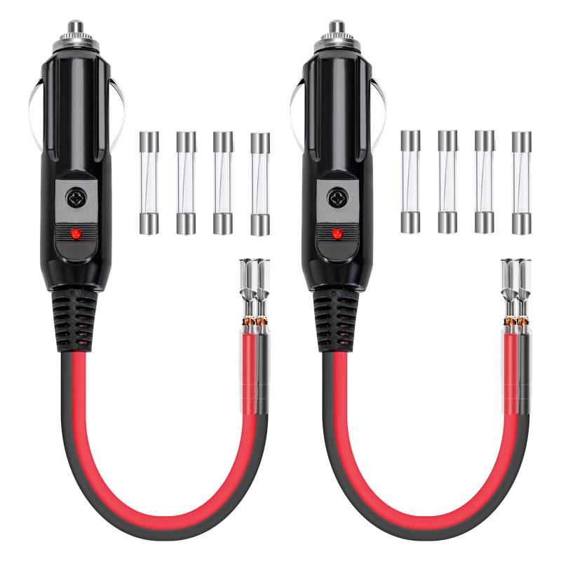 Zigarettenanzünder Stecker 12V/24V Autostecker mit Rote LED-Licht 16AWG 10cm Verlängerungskabel mit 10A/15A Sicherung für KFZ LKW Ersetzt 2 Stück von GUNGY