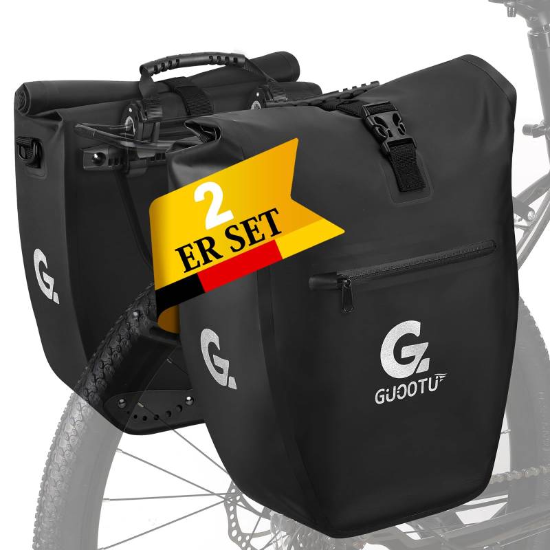 GUOOTU 2 Er Set Fahrradtasche für Gepäckträger 64L,aus Tarpaulin Hinten Gepäckträgertasche mit Reflektoren, mit Tragegriff und Schultergurt (Schwarz 32L, 2er Set) von GUOOTU
