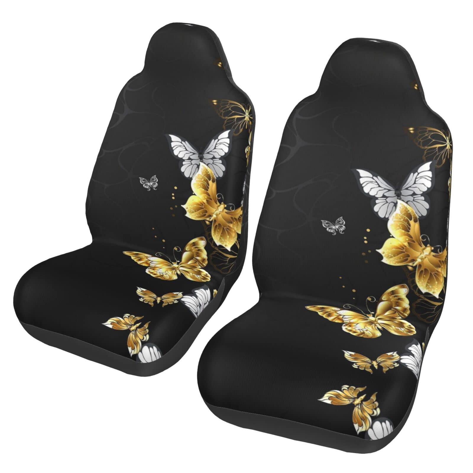 GWINDI Gold Weiß Schmetterlinge Schwarz Druck Auto Sitzbezüge 2pcs,Universal Auto Vordersitze Elastische Vollabdeckung Sitzschoner von GWINDI