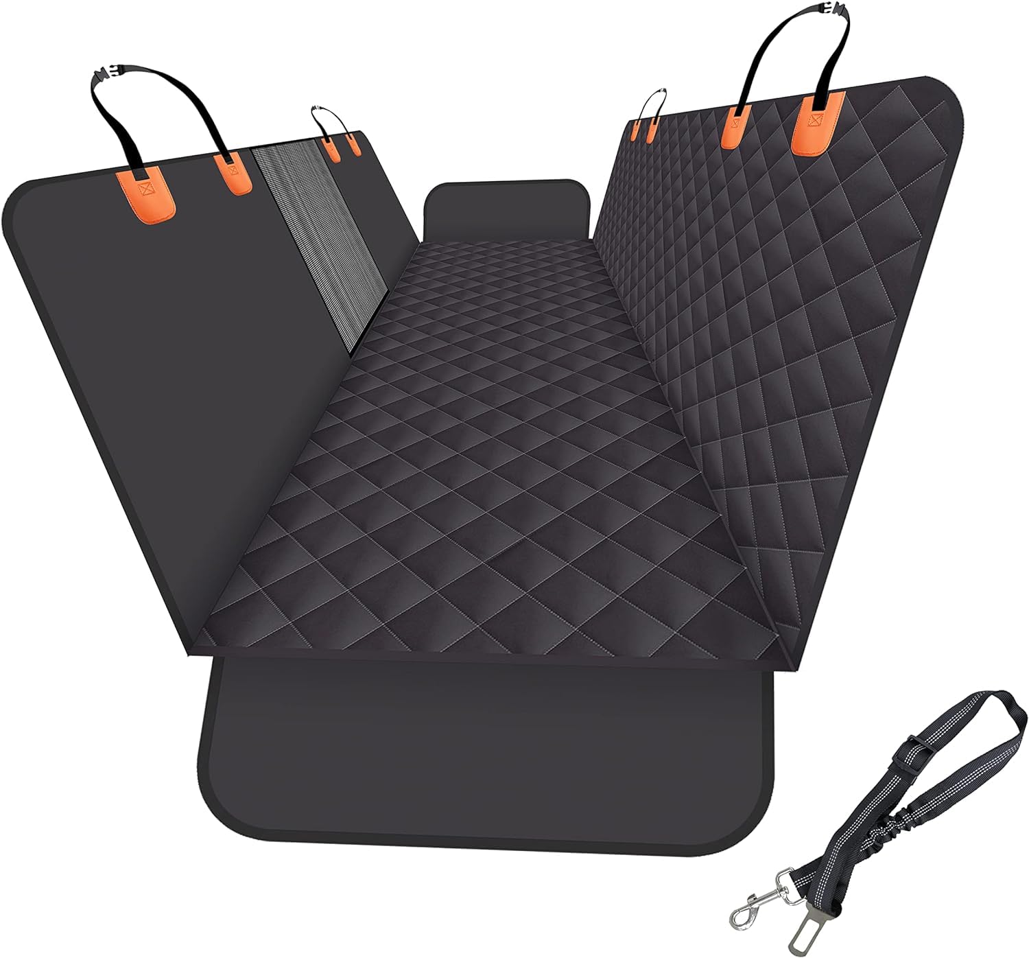 GXT Hunde-Rücksitzbezug für Auto, SUV und LKW mit Netzfenster, Kratz- und wasserabweisendes Material, verbesserte Version, Schwarz/Orange (mit Hundeleine) von GXT