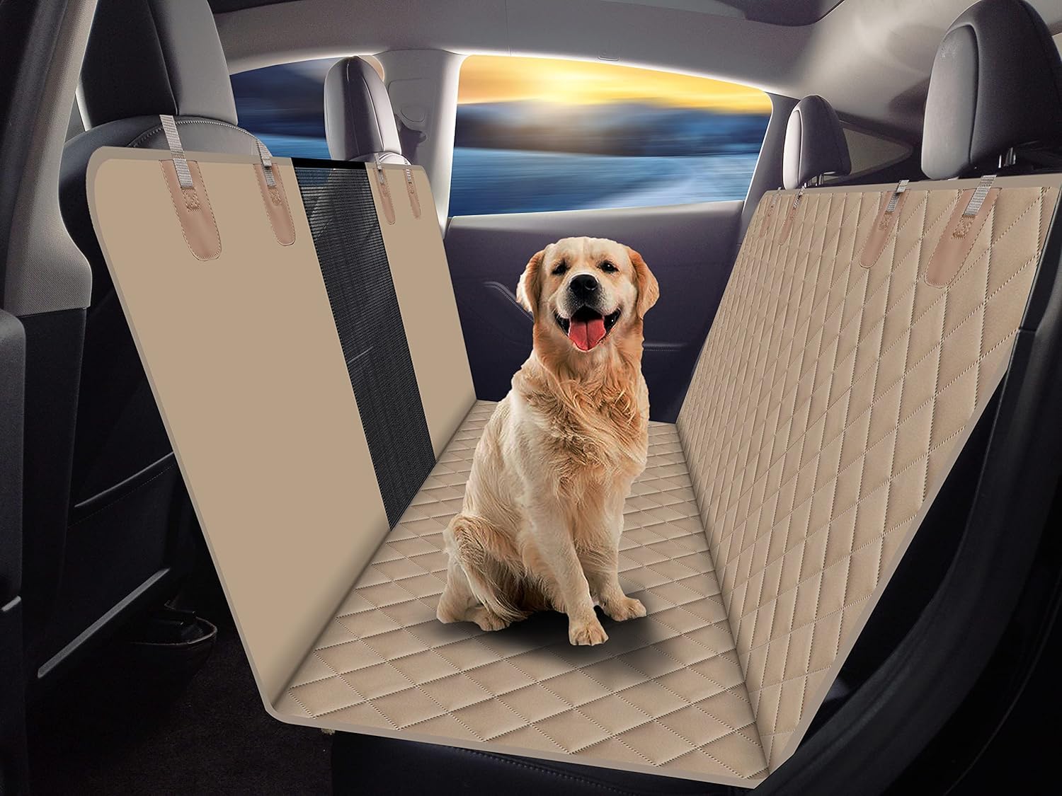 GXT Hunde-Rücksitzbezug für Autos, SUVs und LKWs, mit Netzfenster, kratzfestes, rutschfestes und wasserdichtes Material, Dunkles Khaki von GXT